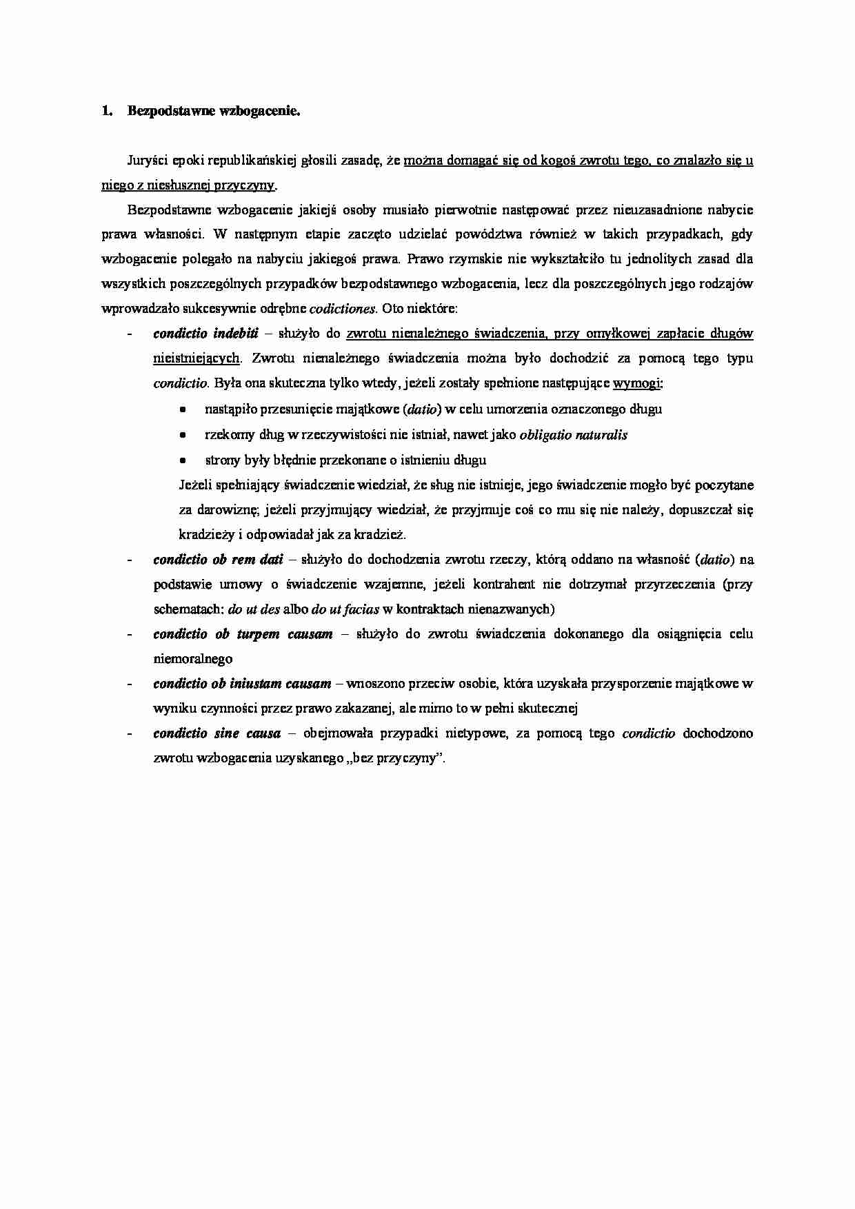 Prawo rzymskie, bezpodstawne wzbogacenie- opracowanie - strona 1