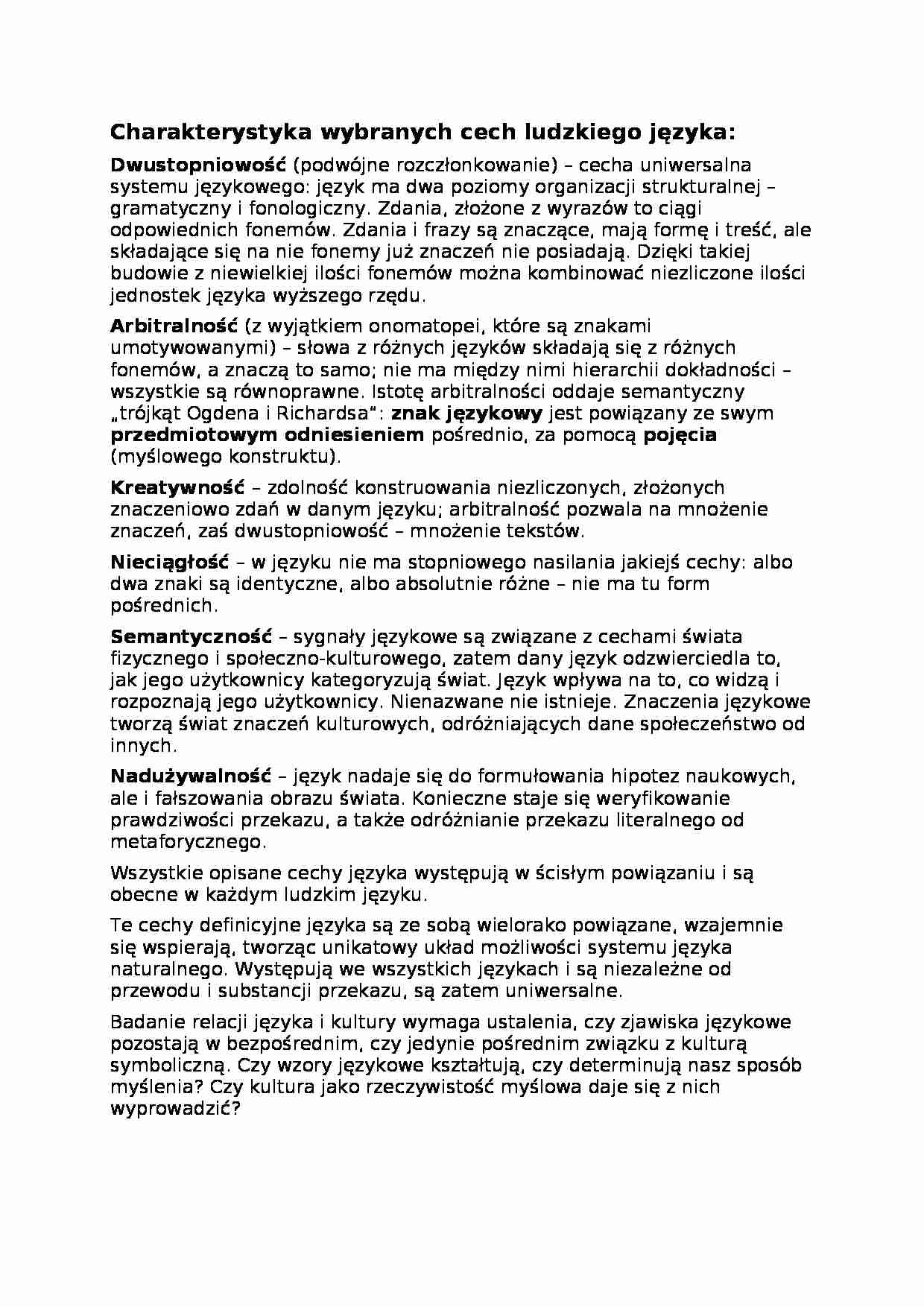 Charakterystyka wybranych cech ludzkiego języka - strona 1