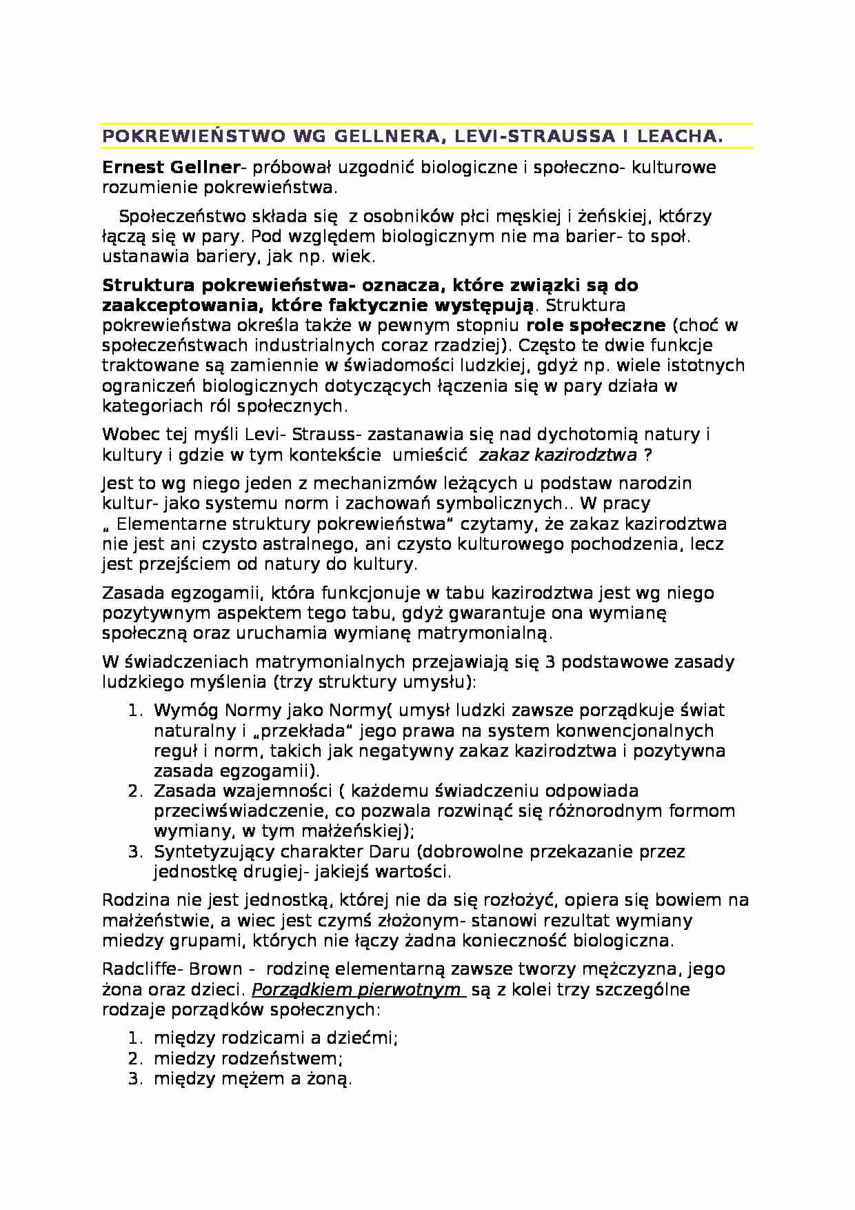 POKREWIEŃSTWO WG GELLNERA, LEVI-STRAUSSA I LEACHA - strona 1