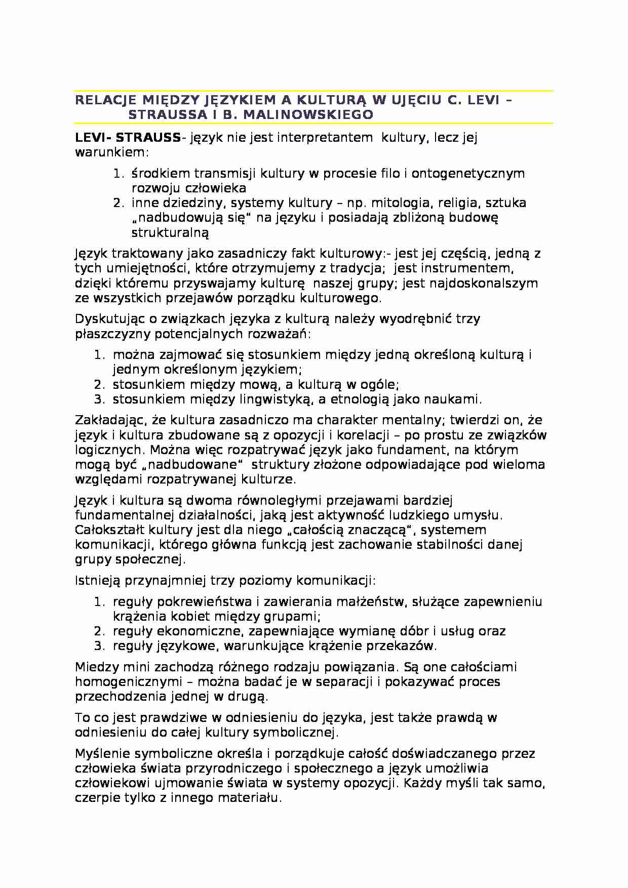 RELACJE MIĘDZY JĘZYKIEM A KULTURĄ W UJĘCIU C. LEVI-STRAUSSA I B. MALINOWSKIEGO - strona 1