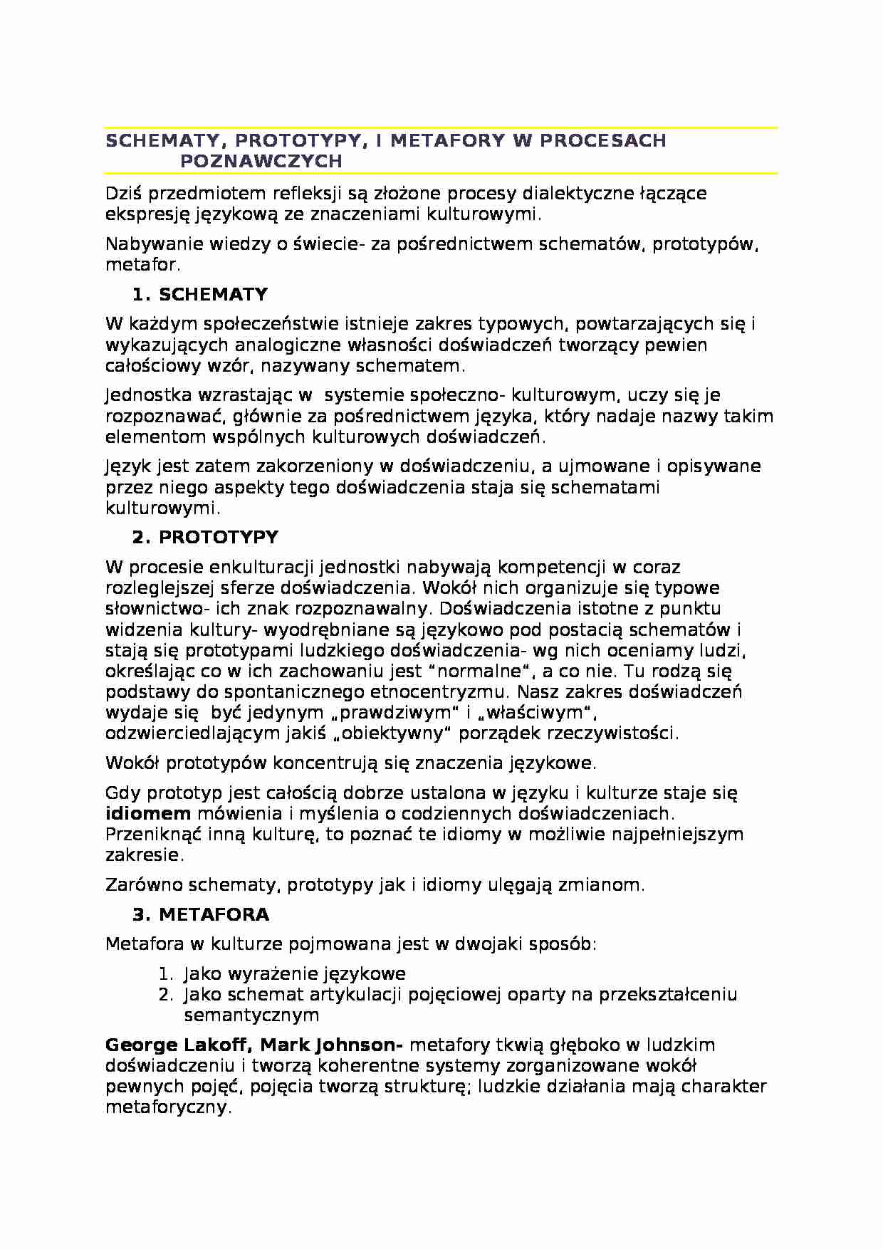 SCHEMATY, PROTOTYPY I METAFORY W PROCESACH POZNAWCZYCH - strona 1