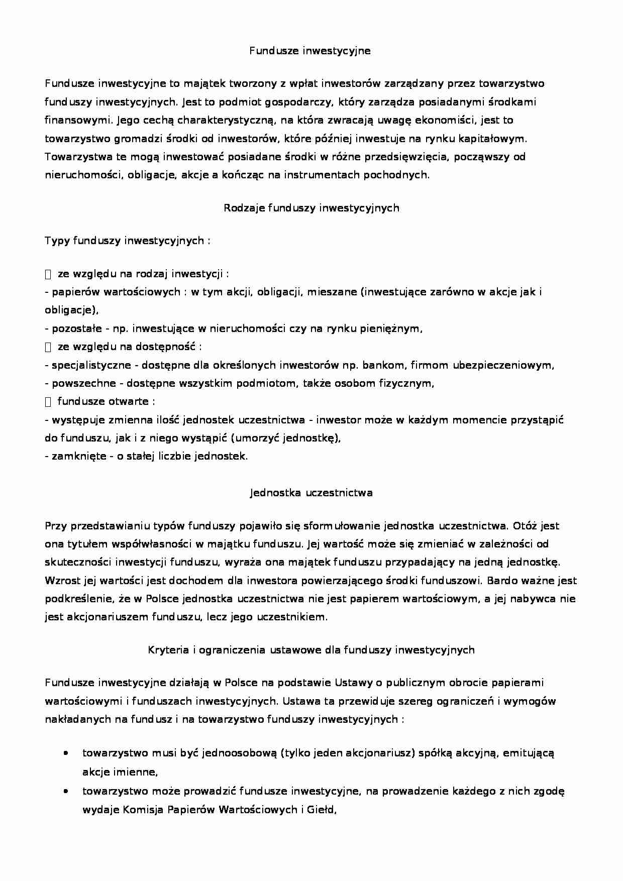 Fundusze inwestycyjne i emerytalne - Rodzaje funduszy  - strona 1