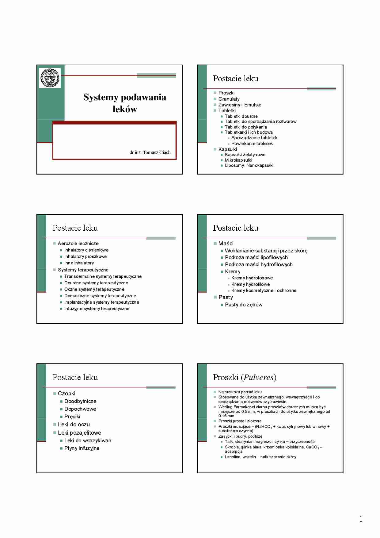 Systemy podawania leków - wykład - strona 1