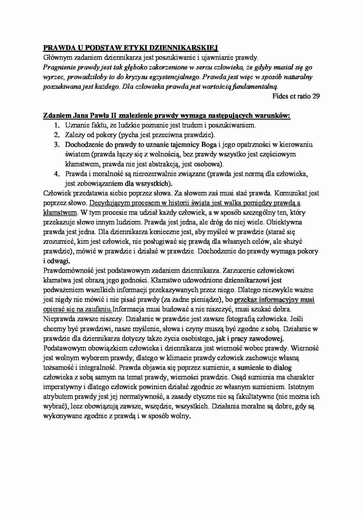 Prawda u podstaw etyki dziennikarskiej-opracowanie - strona 1