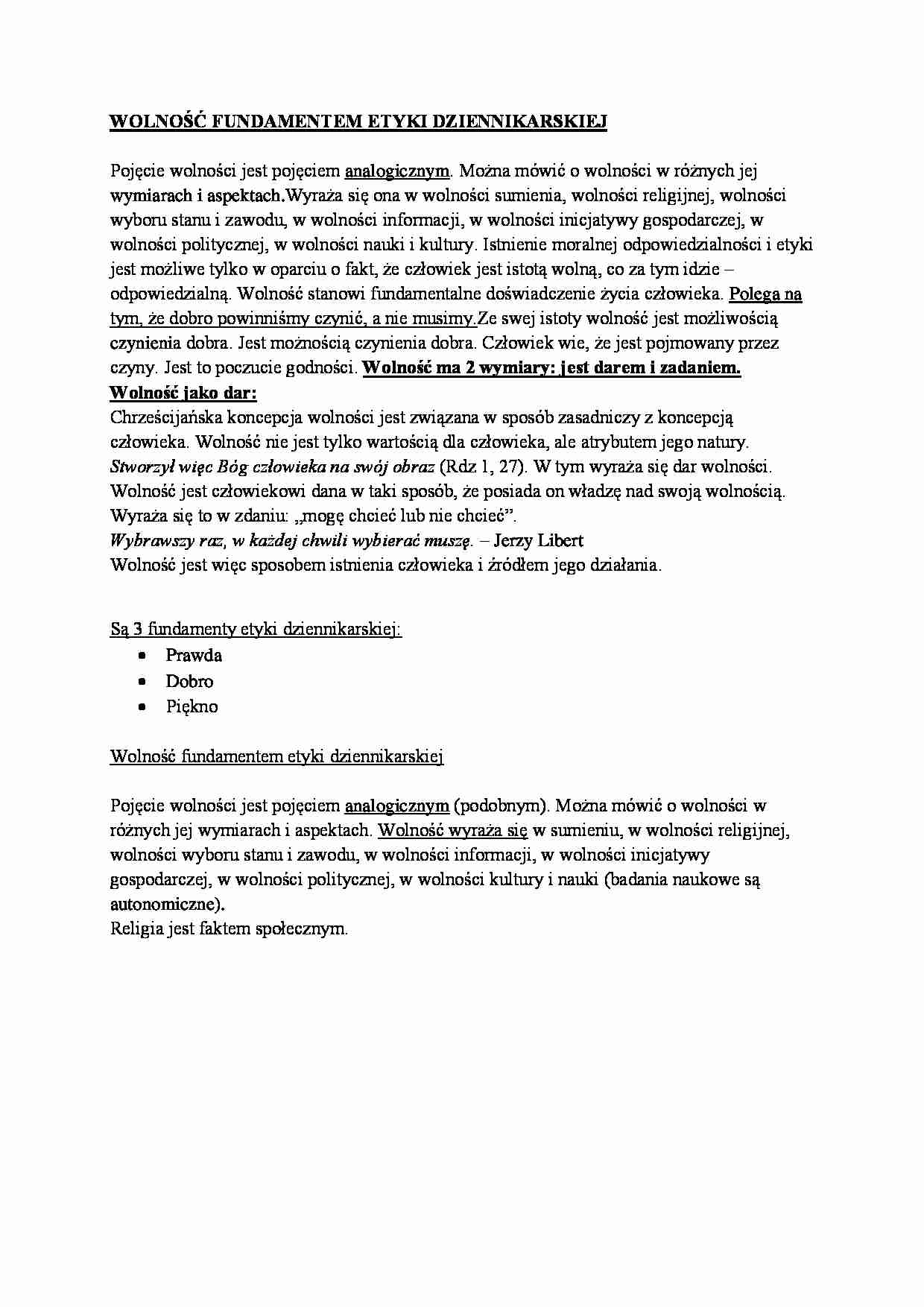 Wolność fundamentem etyki dziennikarskiej-opracowanie - strona 1