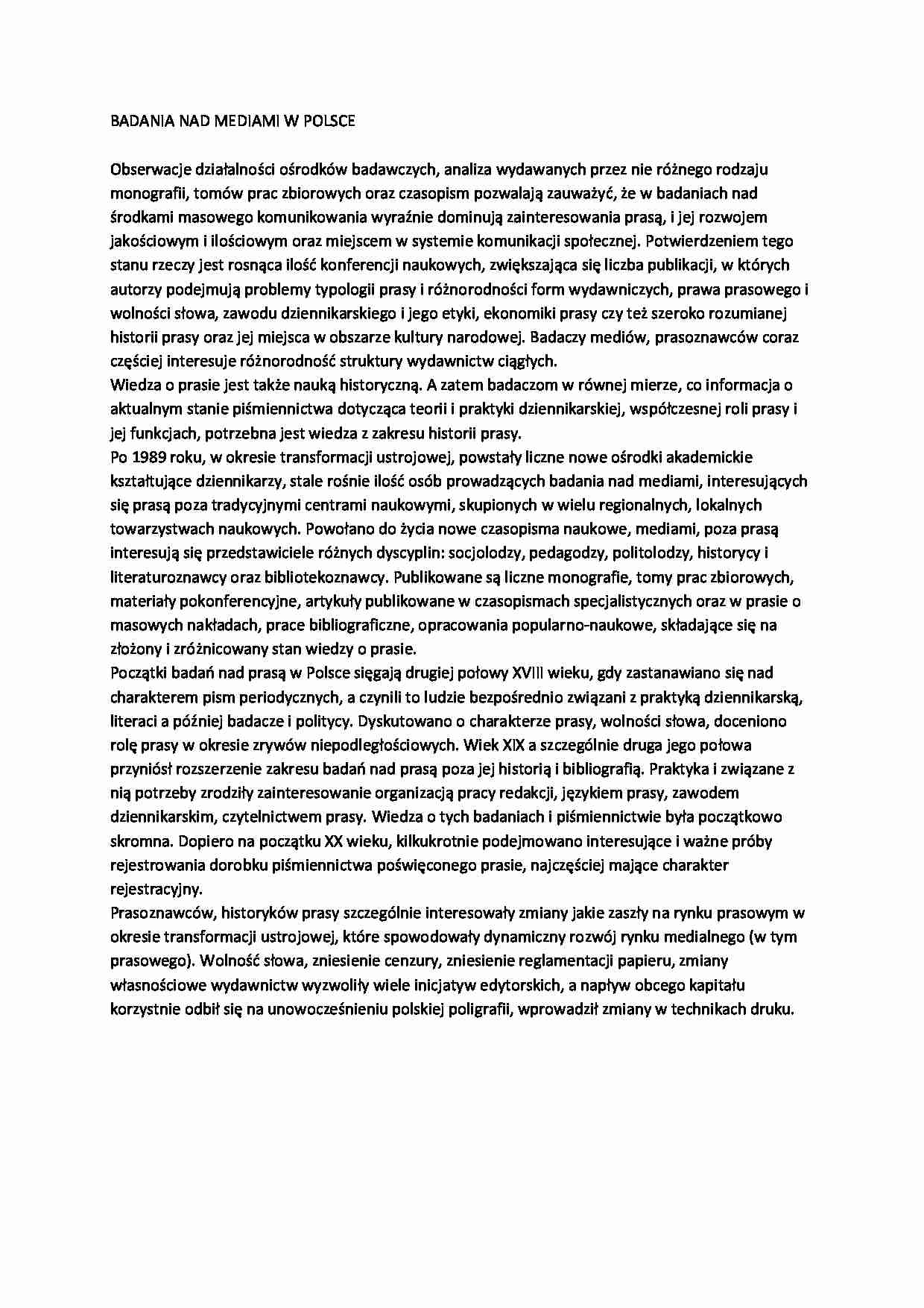  Badania nad mediami w Polsce-opracowanie - strona 1