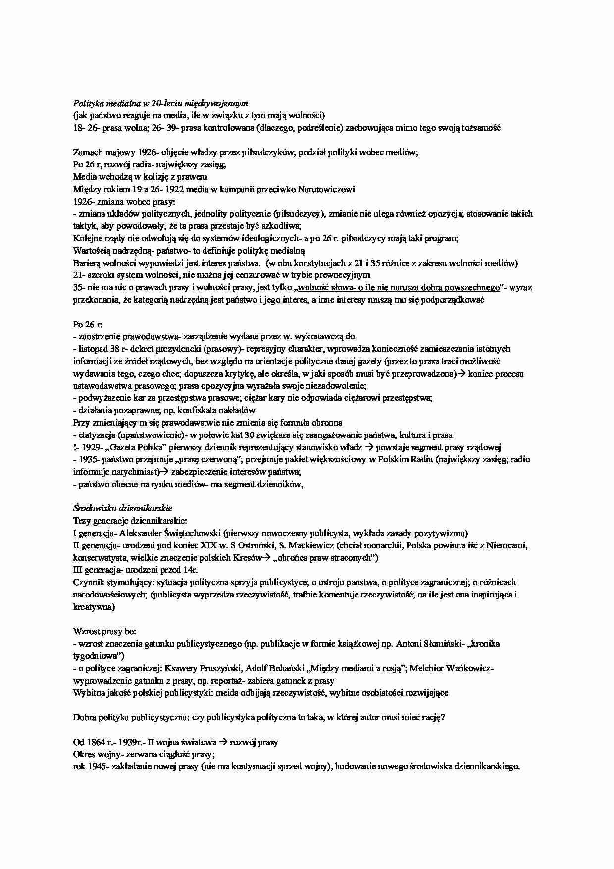 Polityka medialna w Polsce w dwudziestoleciu międzywojennym-opracowanie - strona 1