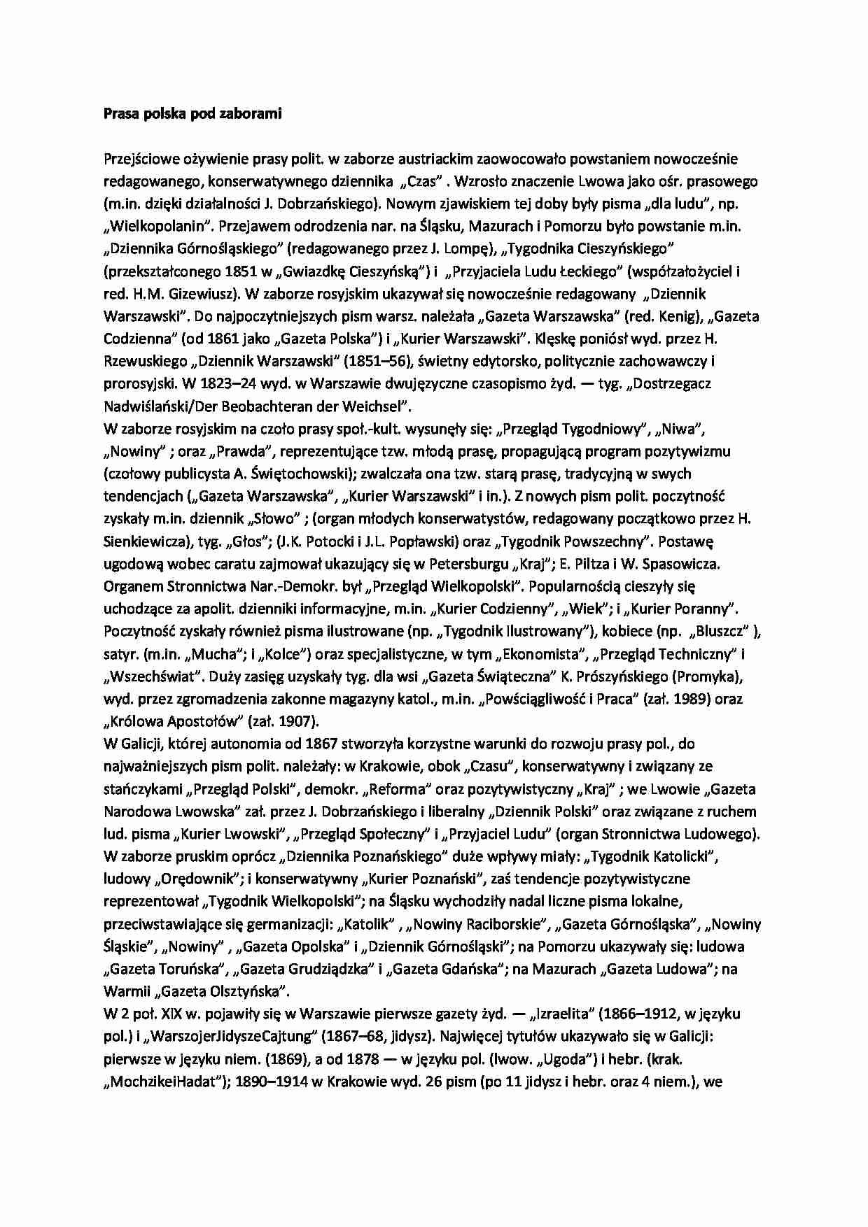  Prasa polska pod zaborami-opracowanie - strona 1