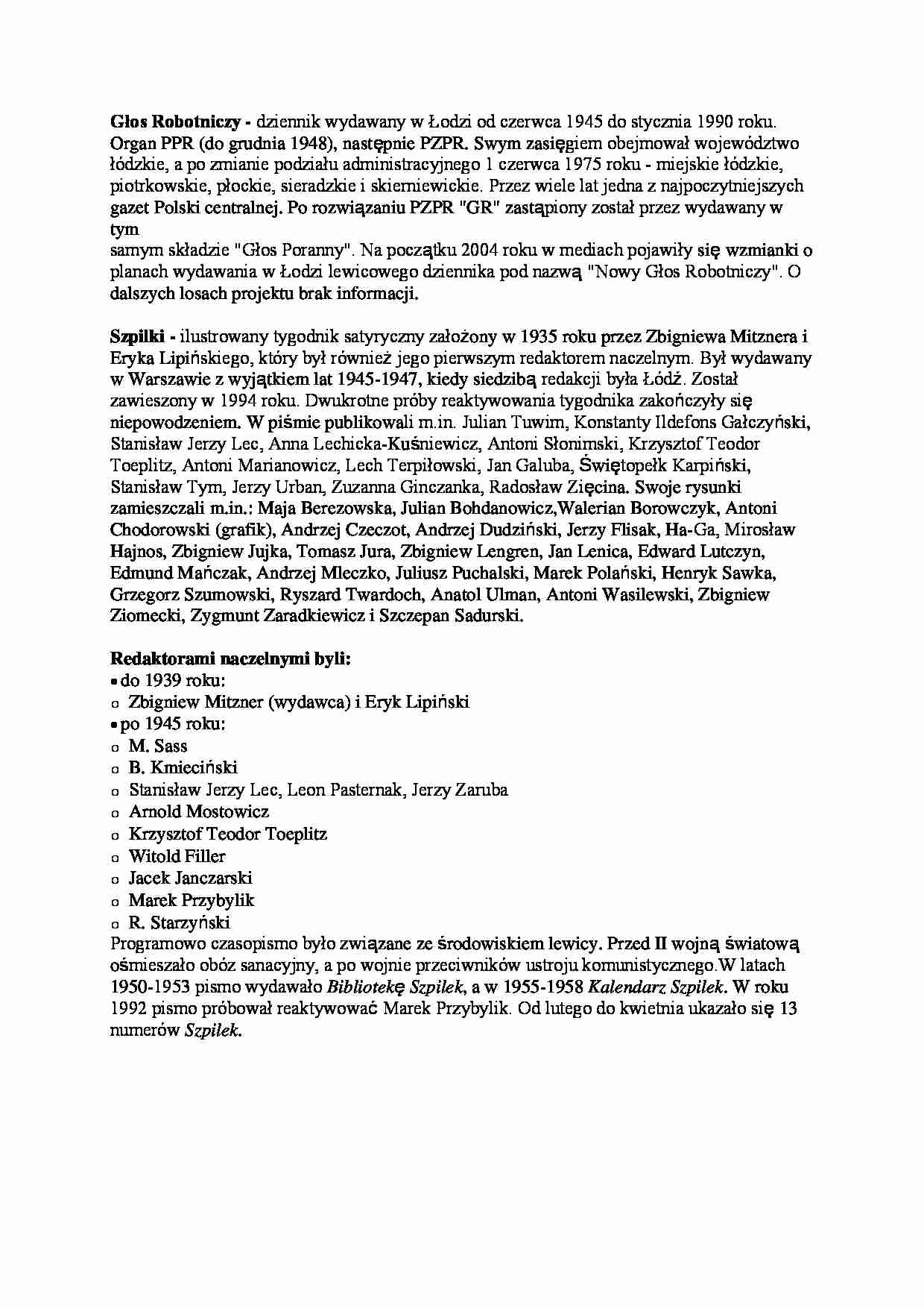 Prasa powojenna w Polsce- Głos Robotniczy i Szpilki - strona 1