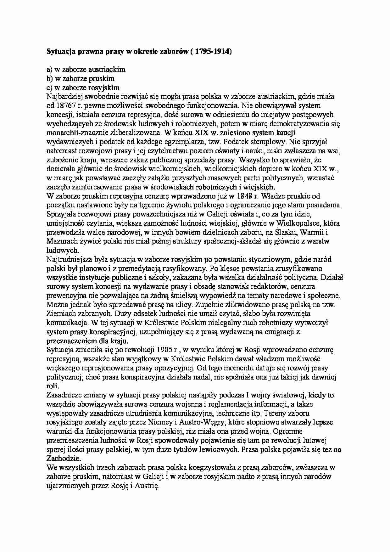 Sytuacja prawna prasy w okresie zaborów-opracowanie - strona 1