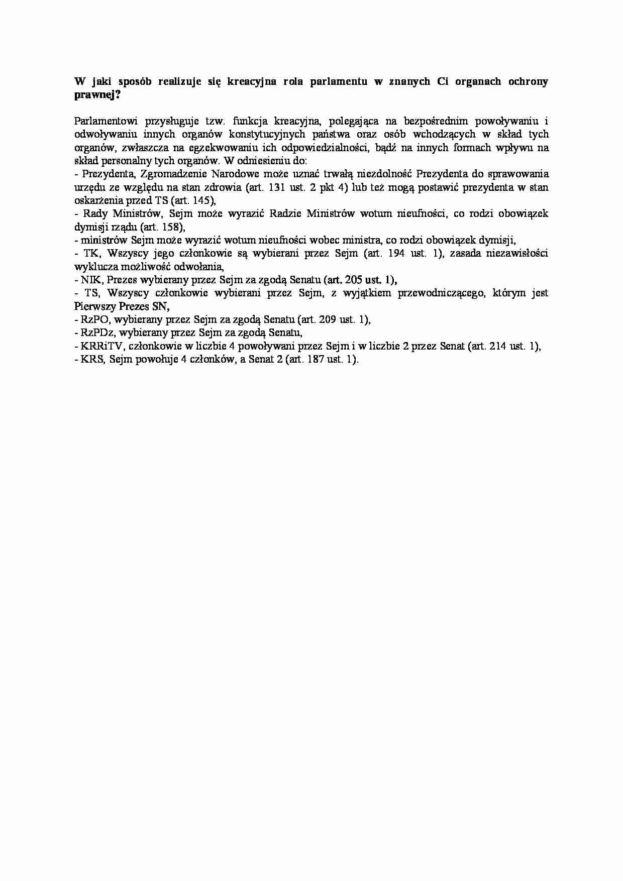 Kreacyjna rola parlamentu w organach ochrony prawnej-opracowanie - strona 1