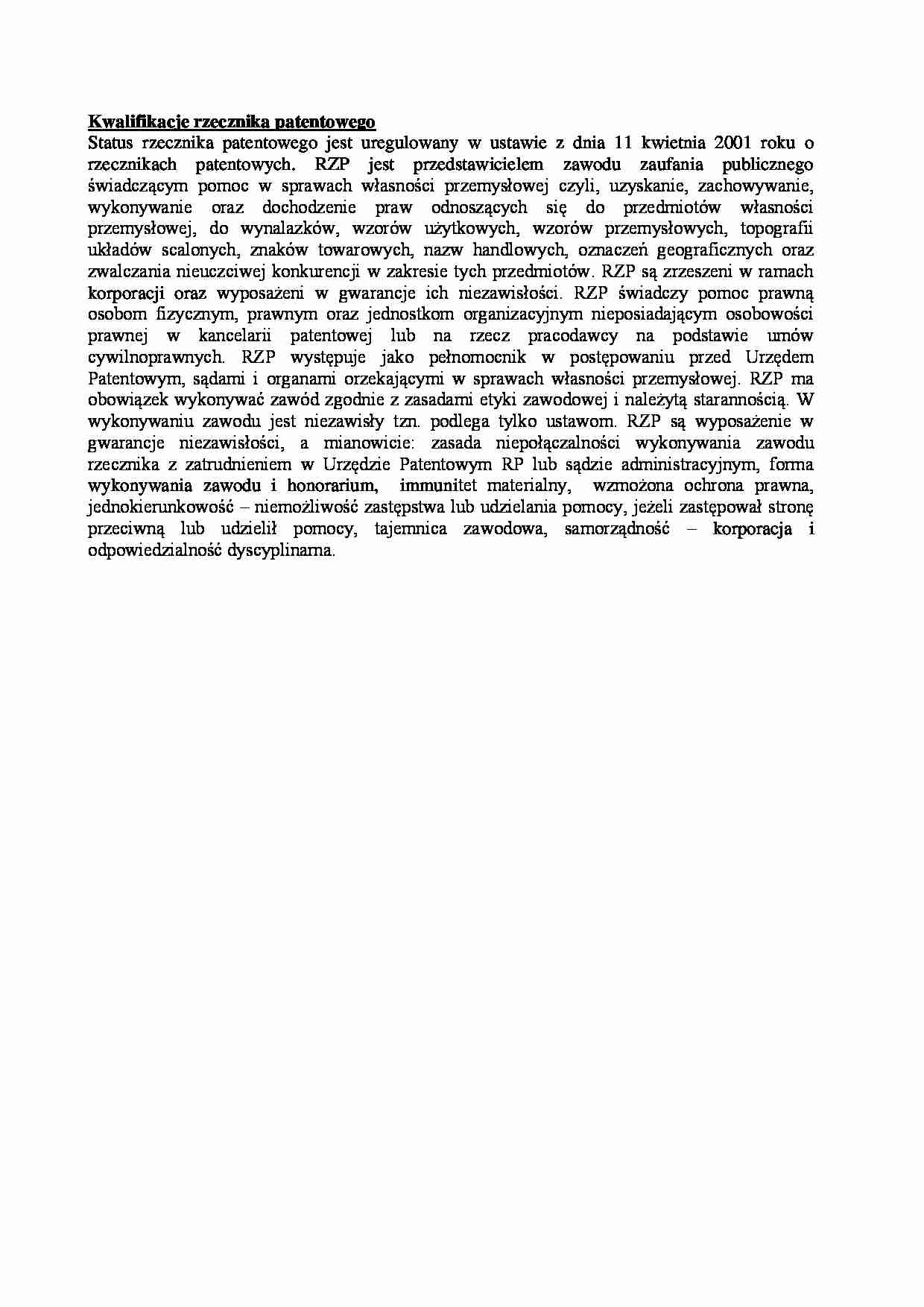 Kwalifikacje rzecznika patentowego-opracowanie - strona 1