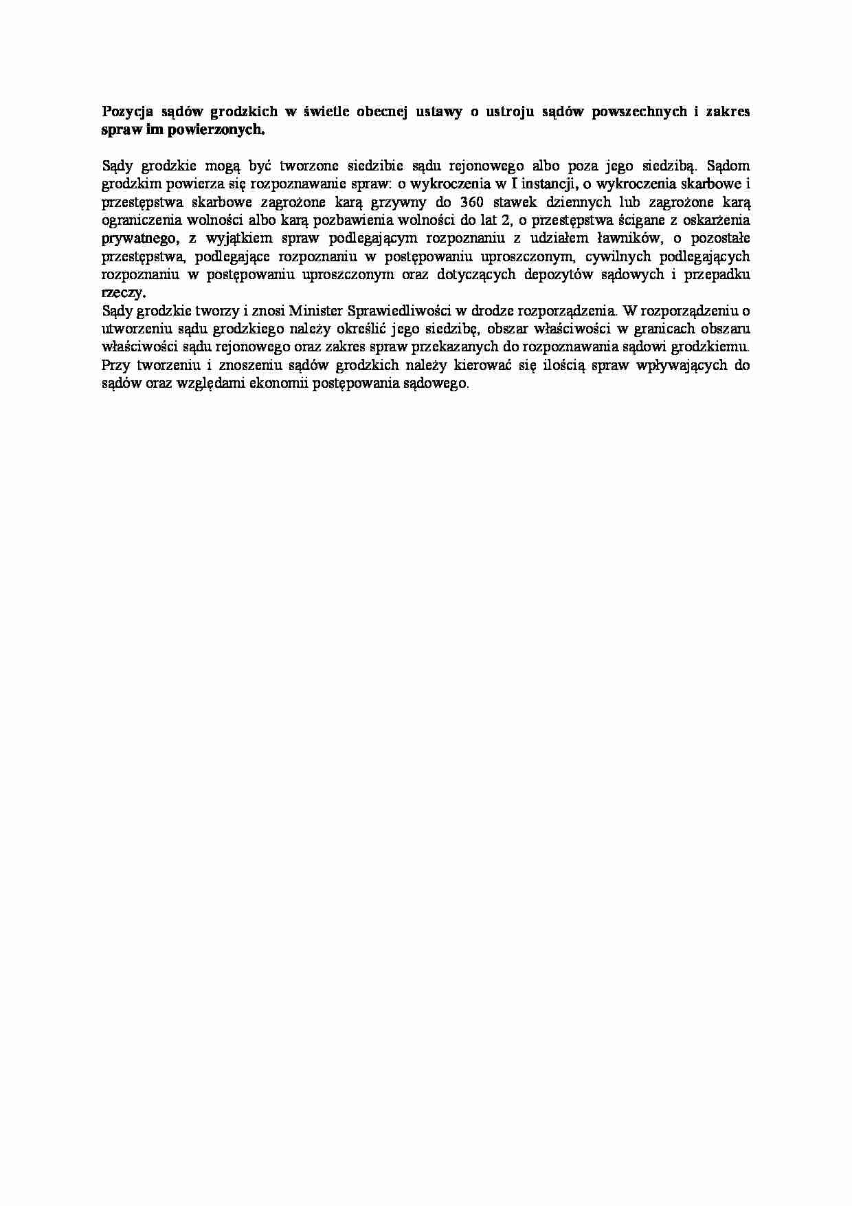  Pozycja sądów grodzkich w świetle obecnej ustawy o ustroju sądów powszechnych-opracowanie - strona 1