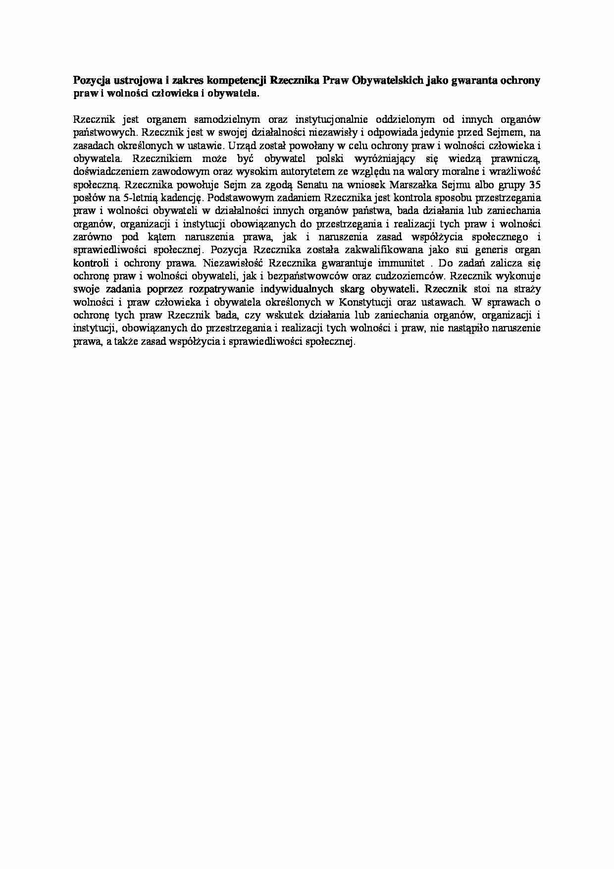 Pozycja ustrojowa i zakres kompetencji Rzecznika Praw Obywatelskich-opracowanie - strona 1