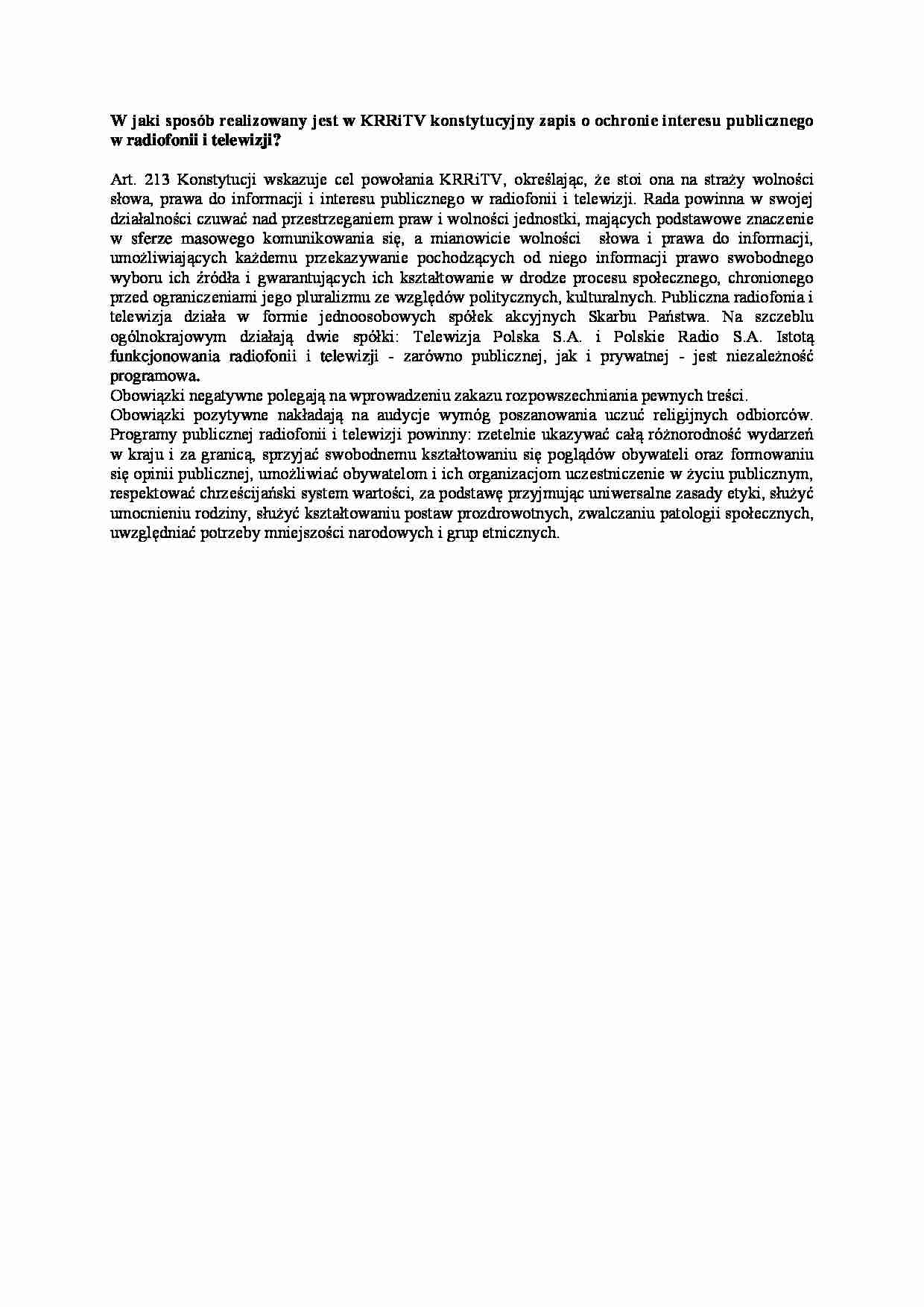 Realizowanie w KRRiTV konstytucyjnego zapisu o ochronie interesu publicznego w radiofonii i TV-opracowanie - strona 1