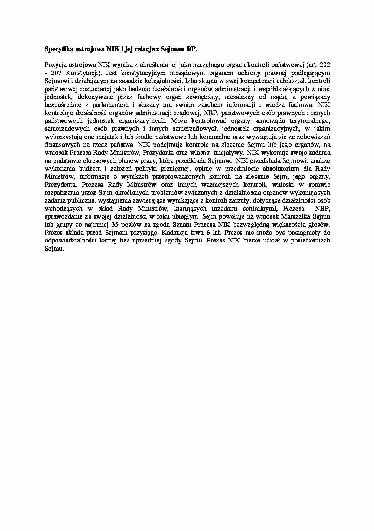  Specyfika ustrojowa NIK i jej relacje z Sejmem RP-opracowanie - strona 1