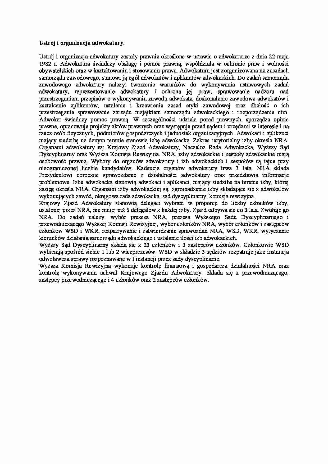  Ustrój i organizacja adwokatury-opracowanie - strona 1
