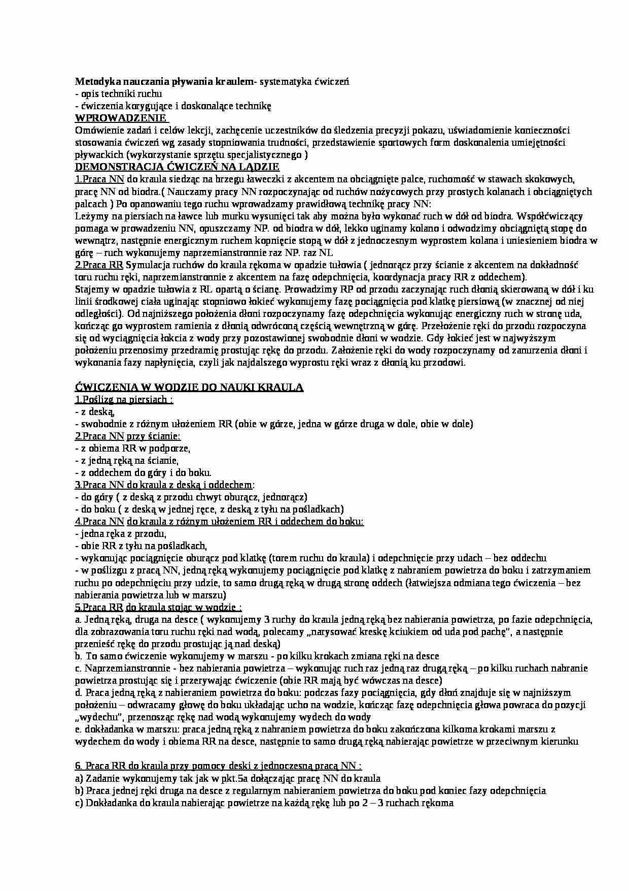Kraul - Metodyka nauczania pływania kraulem - strona 1
