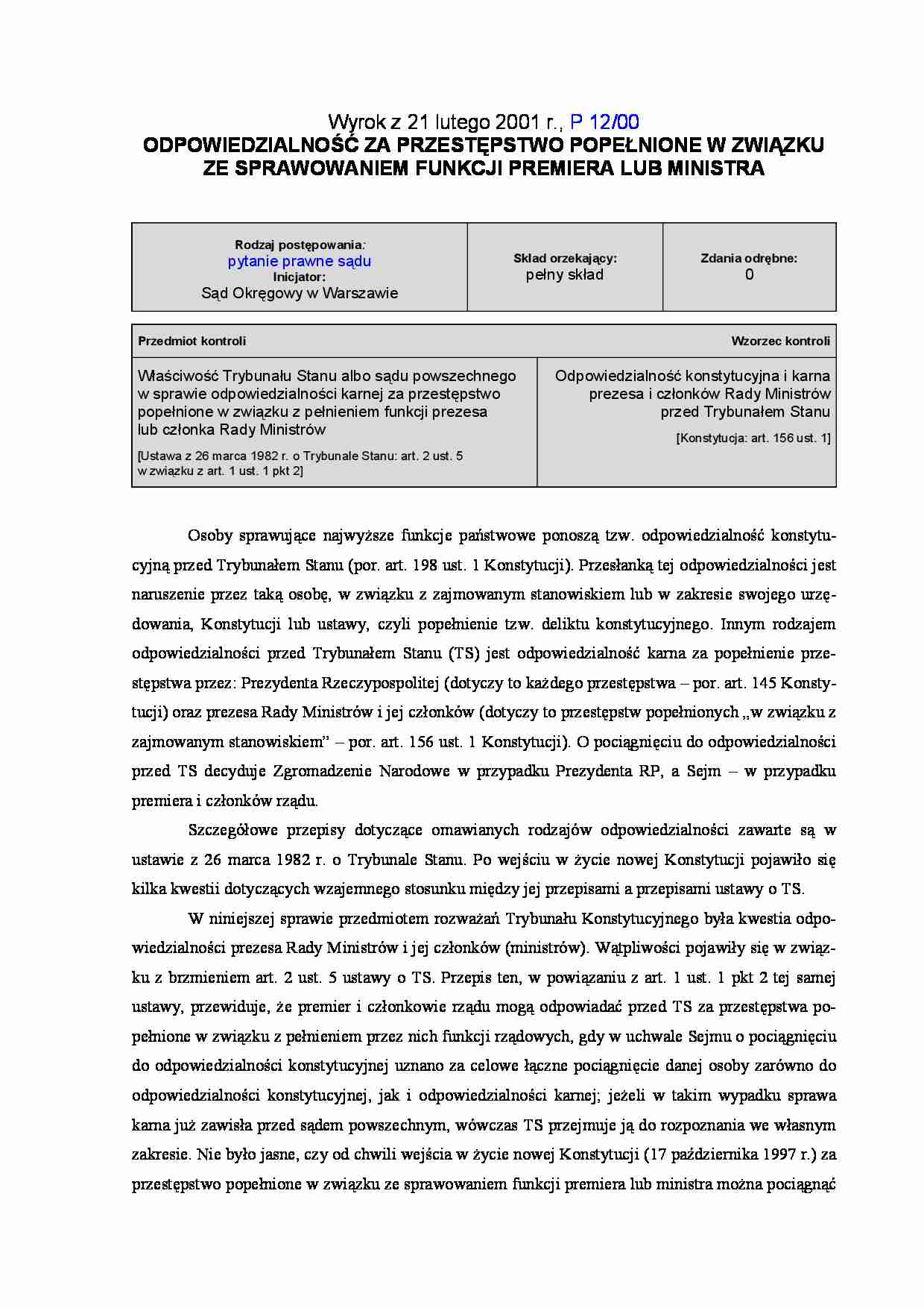 Odpowiedzialność za przestępstwo popełnione przez premiera lub ministra-opracowanie - strona 1