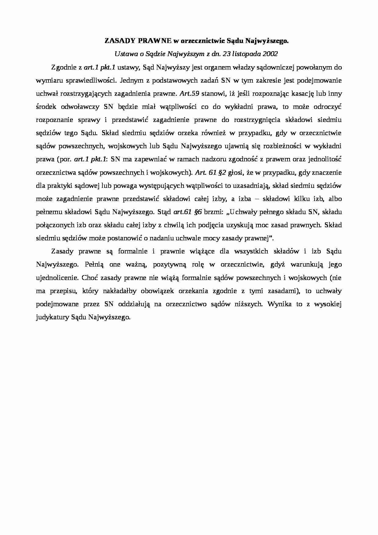 Zasady prawne Sądu Najwyższego-opracowanie - strona 1