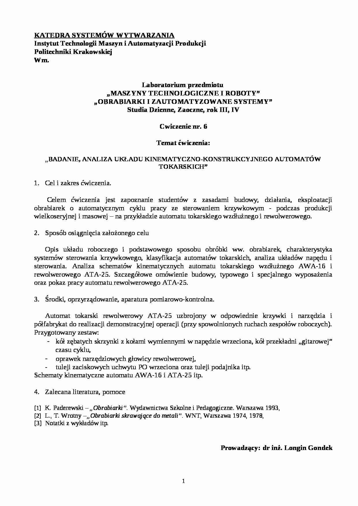 Badanie, analiza układu kinematyczno-konstrukcyjnego automatów tokarskich druk do laborki - strona 1