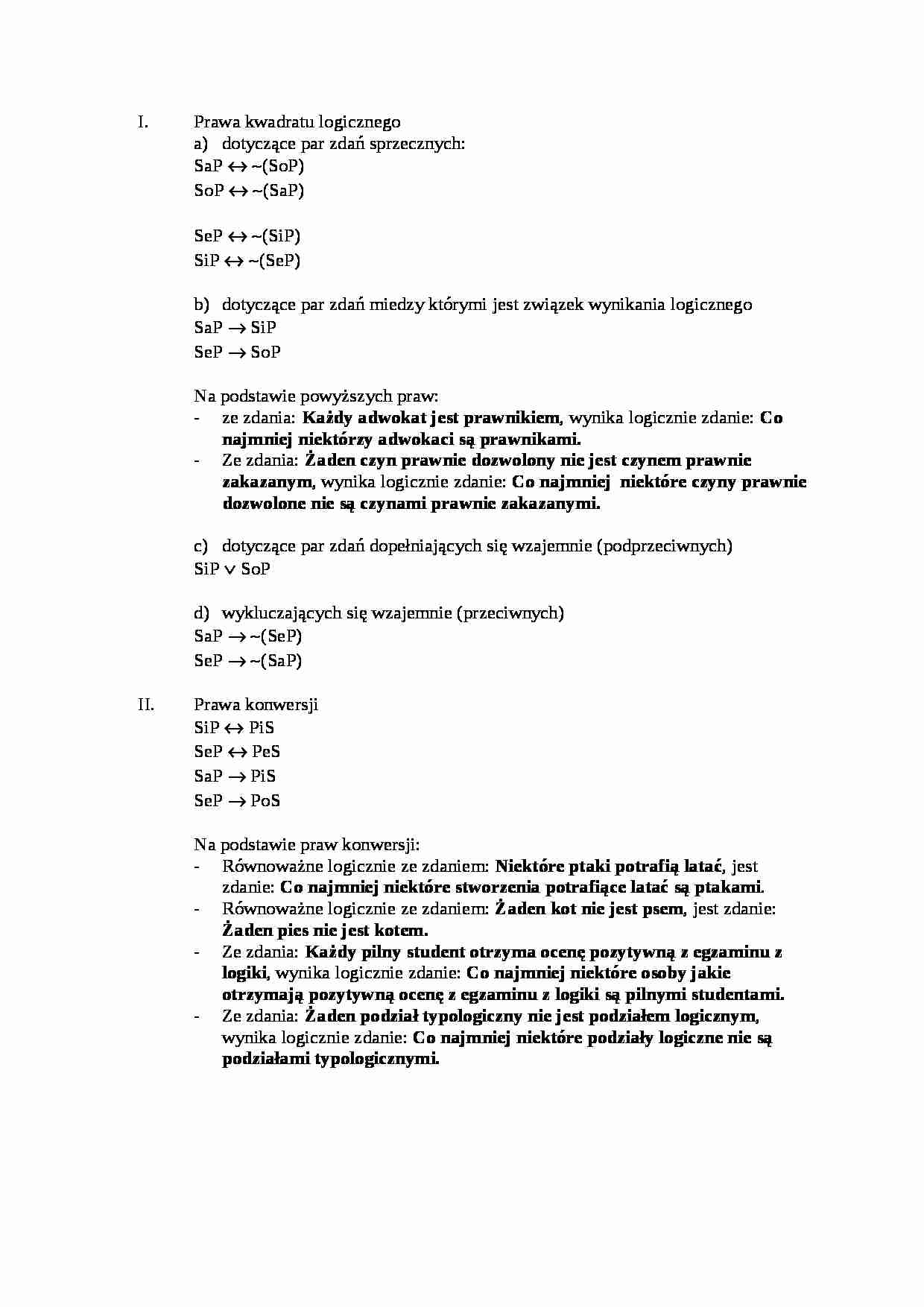 Prawa kwadratu logicznego, konwersji-opracowanie - strona 1
