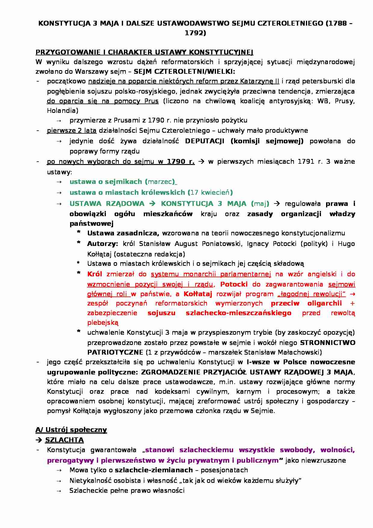 Konstytucja 3 maja i dalsze ustawodawstwo sejmu czteroletniego-opracowanie - strona 1