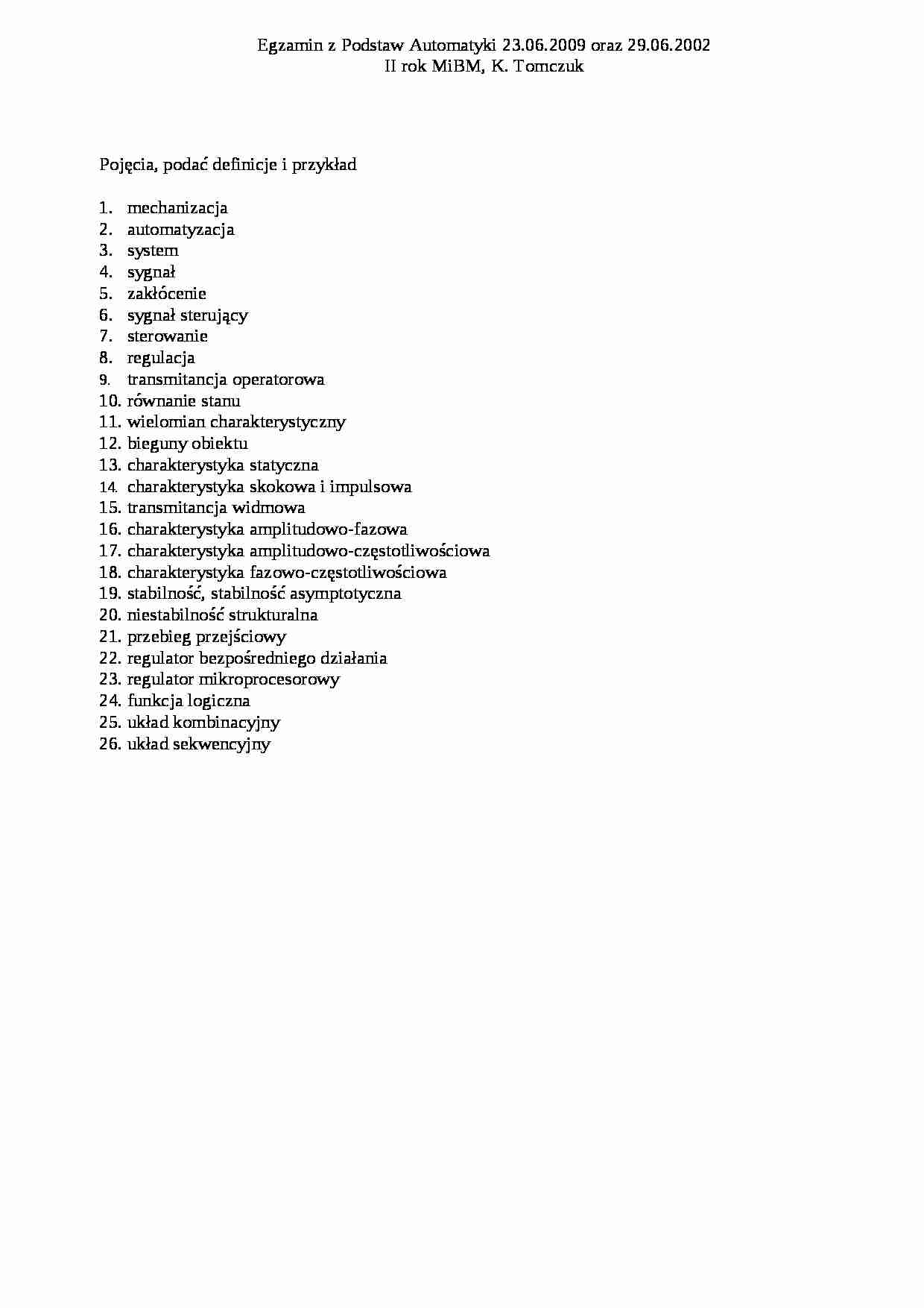 Podstawy automatyki-tematy do egzaminu - strona 1