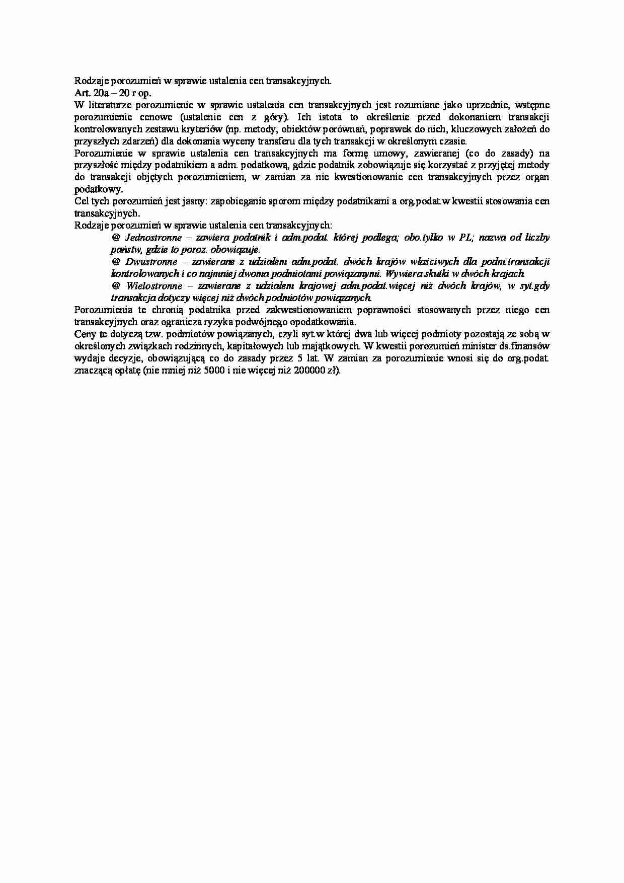 Rodzaje porozumień w sprawie ustalenia cen transakcyjnych - omówienie - strona 1