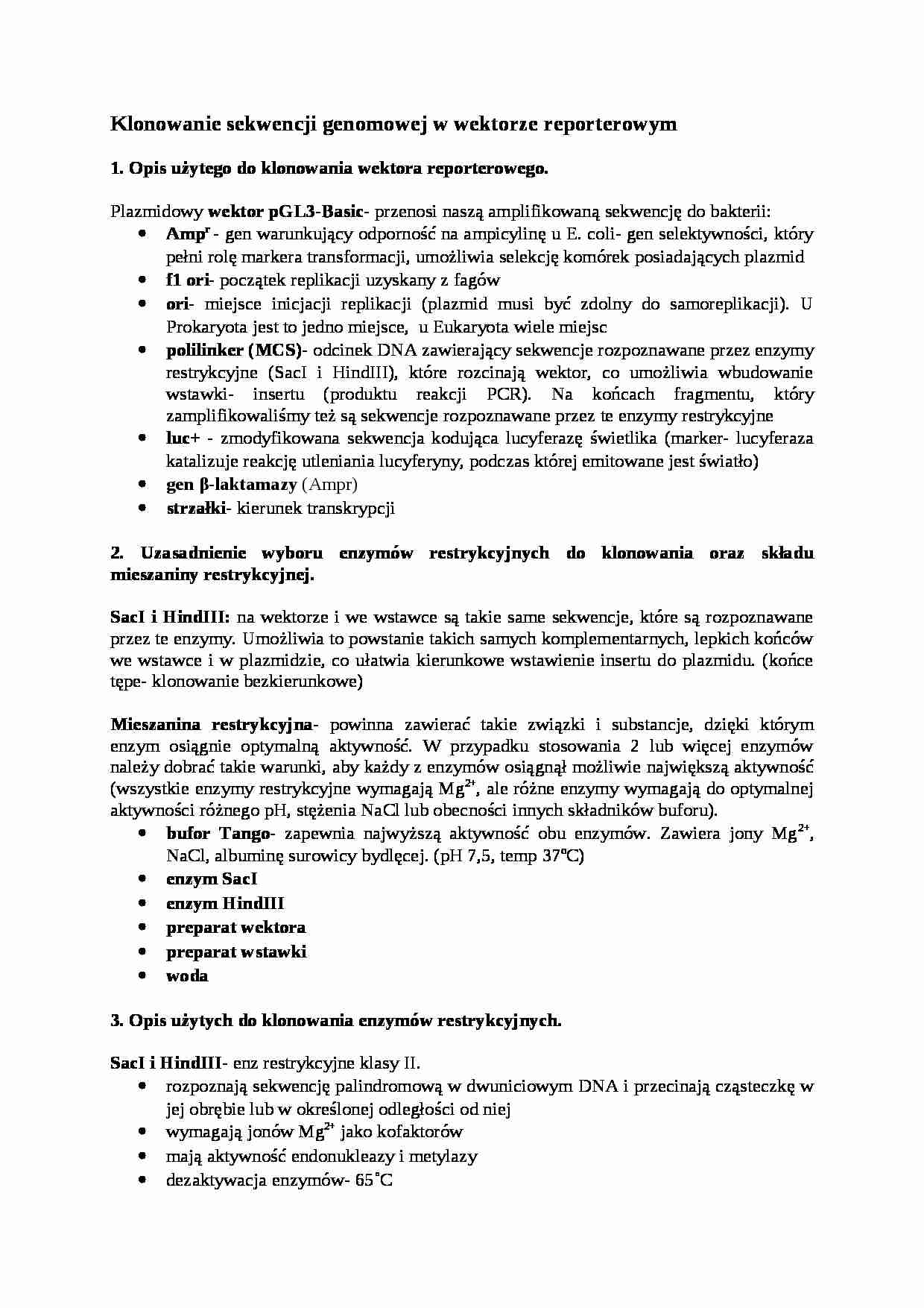  Klonowanie sekwencji genomowej w wektorze reporterowym - omówienie - strona 1