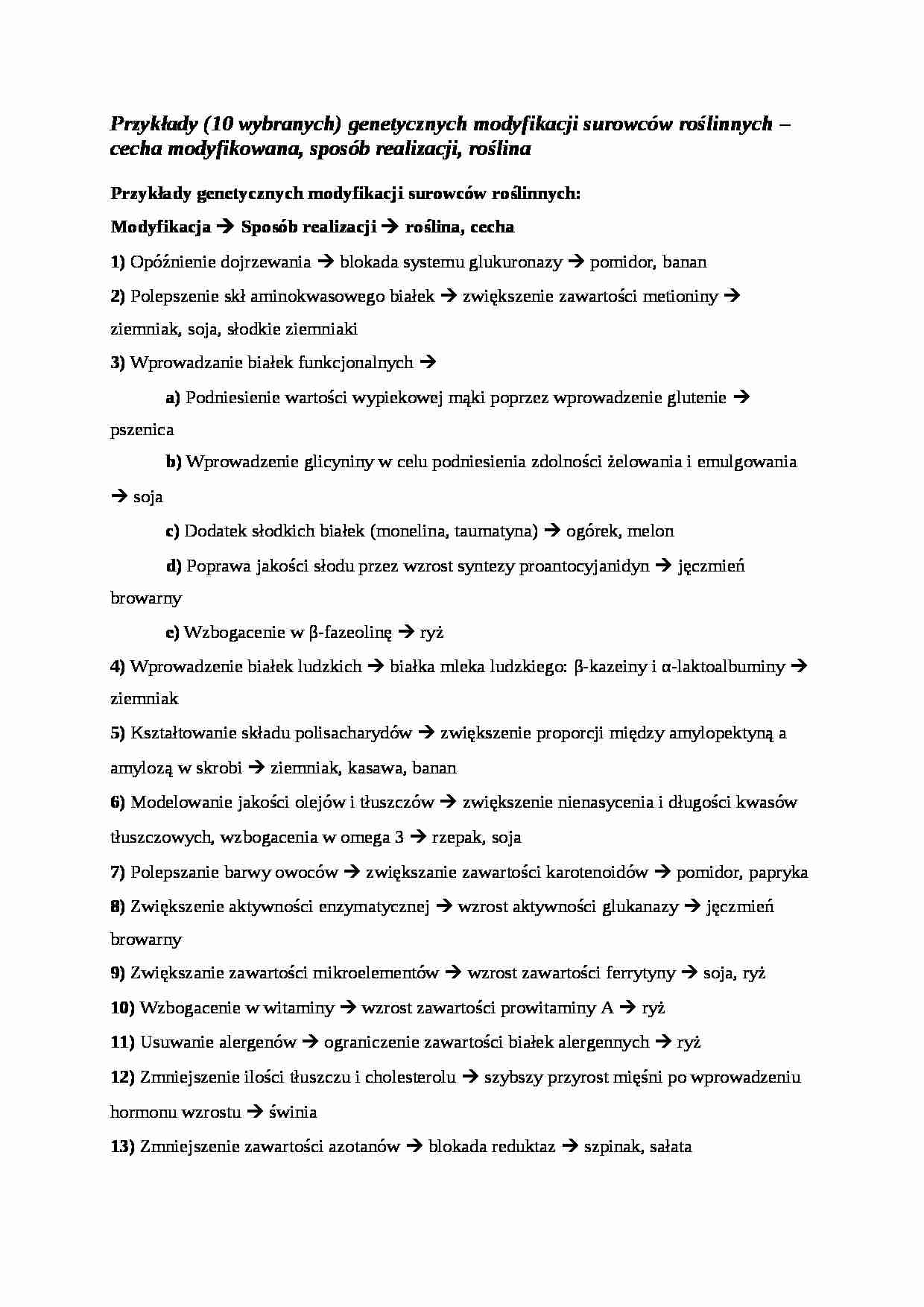 Przykłady genetycznych modyfikacji surowców roślinnych - omówienie - strona 1