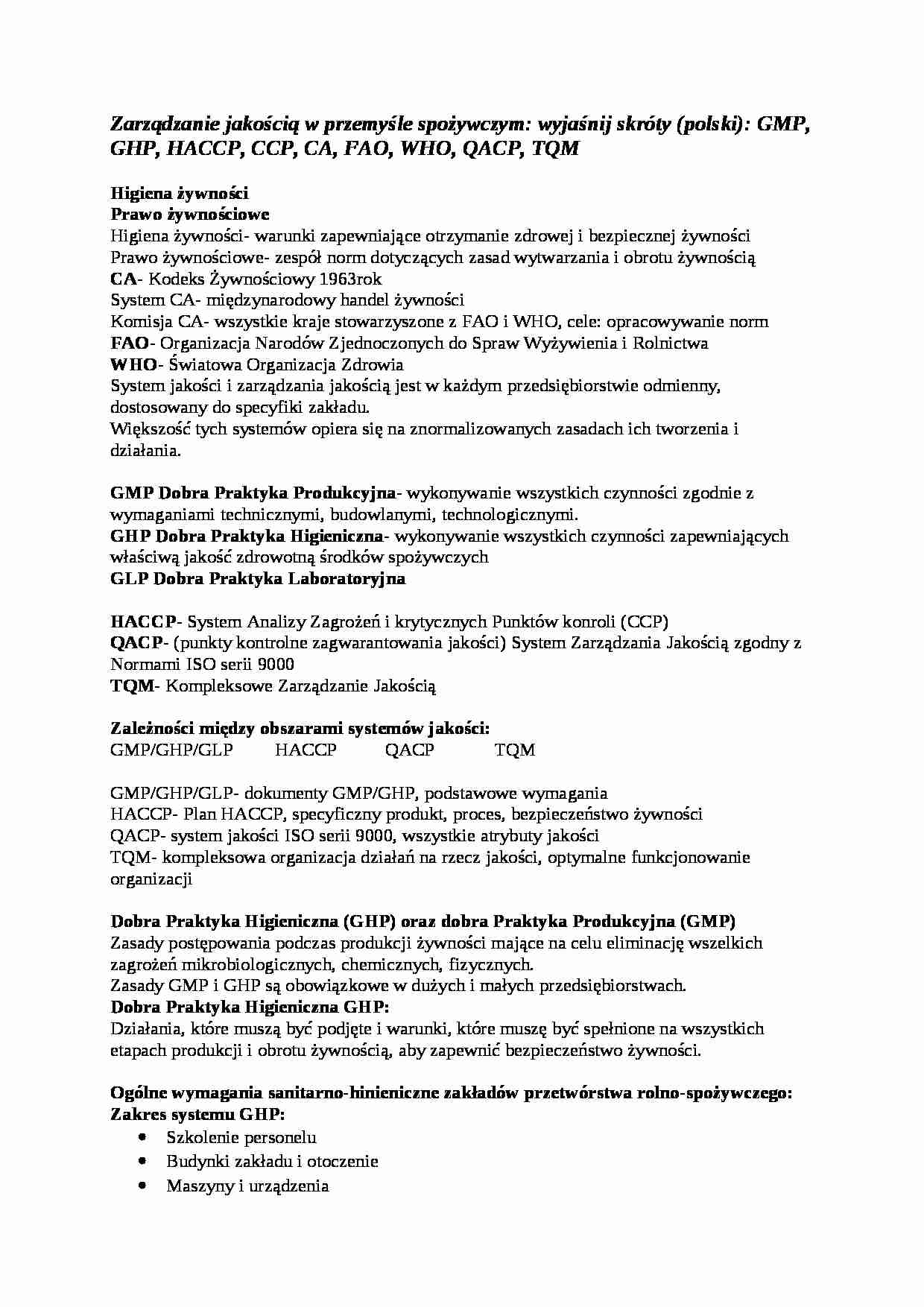 Zarządzanie jakością w przemyśle spożywczym - omówienie - strona 1