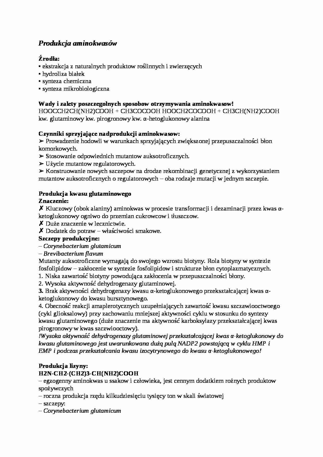  Produkcja aminokwasów - omówienie - strona 1
