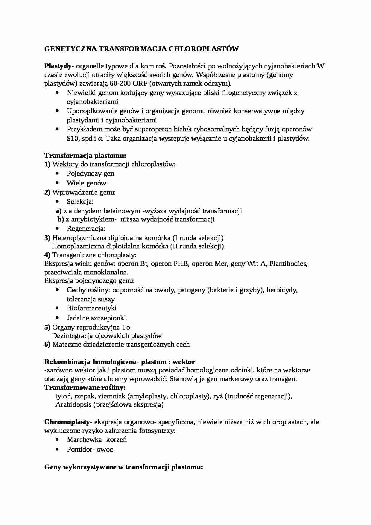  Genetyczna transformacja chloroplastów - omówienie - strona 1