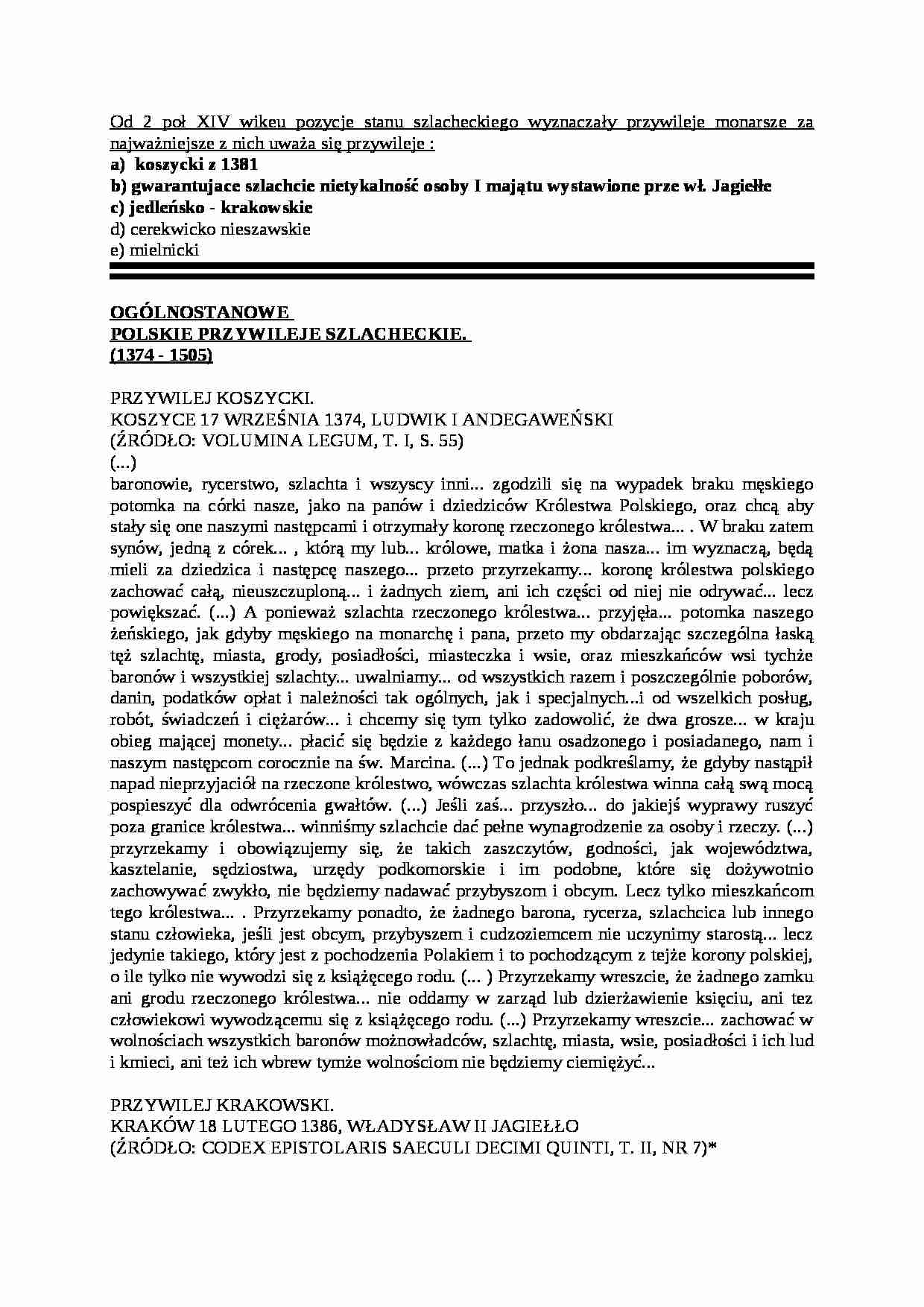 Ogólnostanowe polskie przywileje szlacheckie (1374-1505) - strona 1
