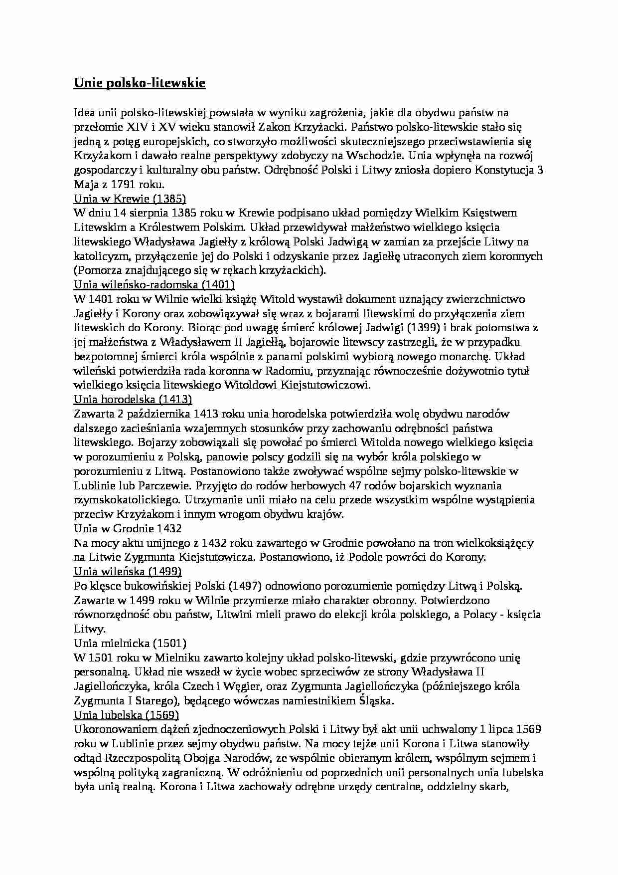 Unie polsko-litewskie - omówienie - strona 1