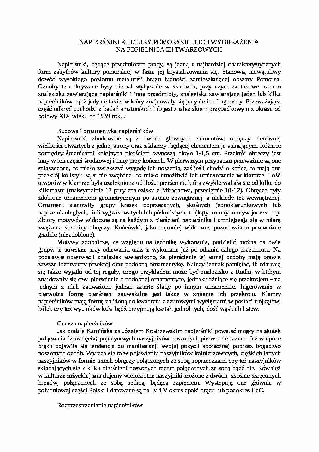 Napierśniki kultury pomorskiej i ich wyobrażenia na popielnicach twarzowych - omówienie - strona 1