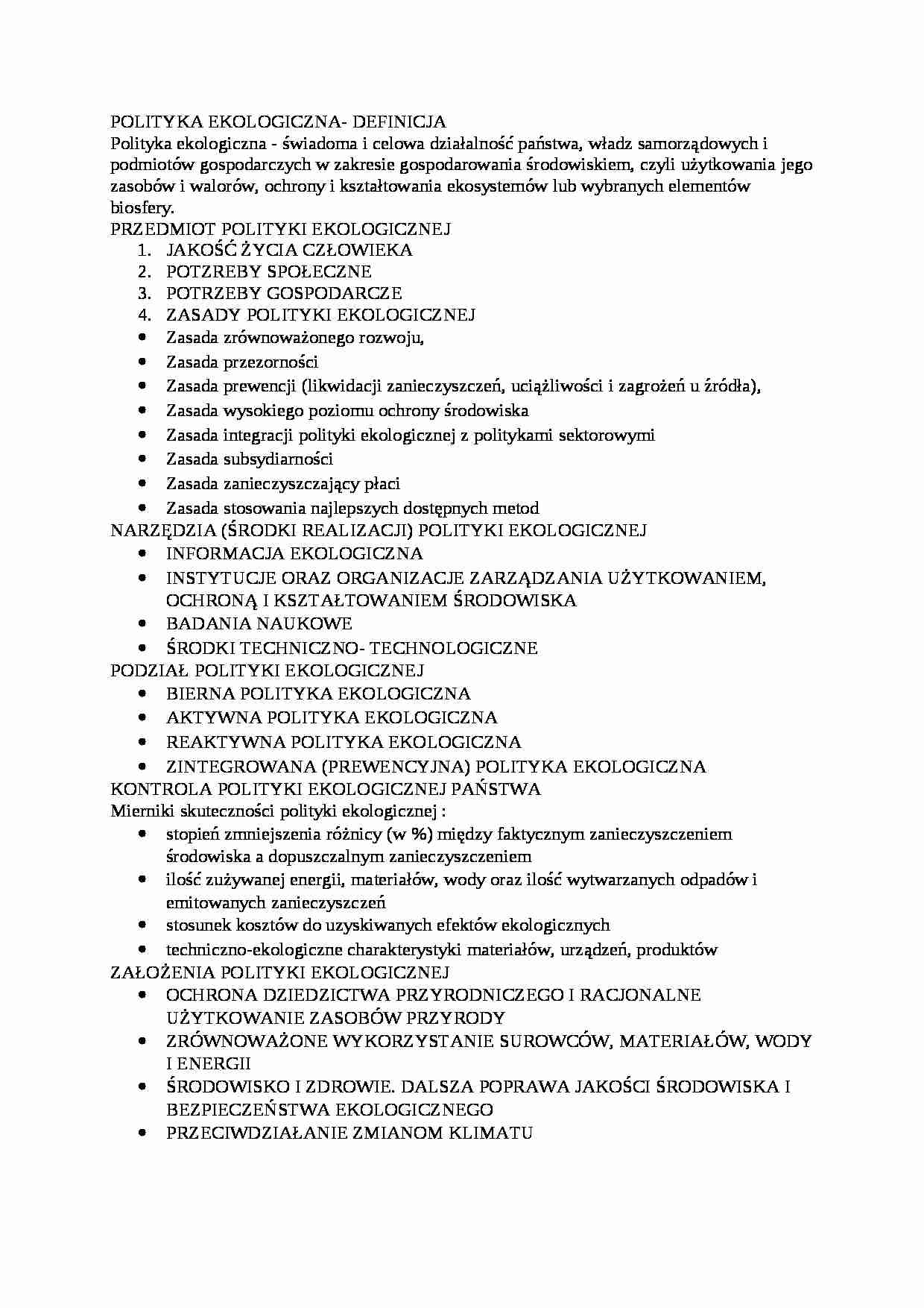  Polityka ekologiczna - Definicja - strona 1
