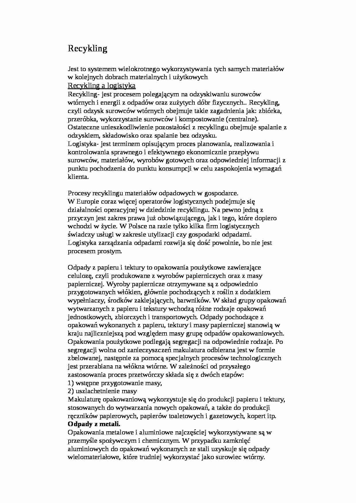 Ekologistyka, Recykling - omówienie - strona 1