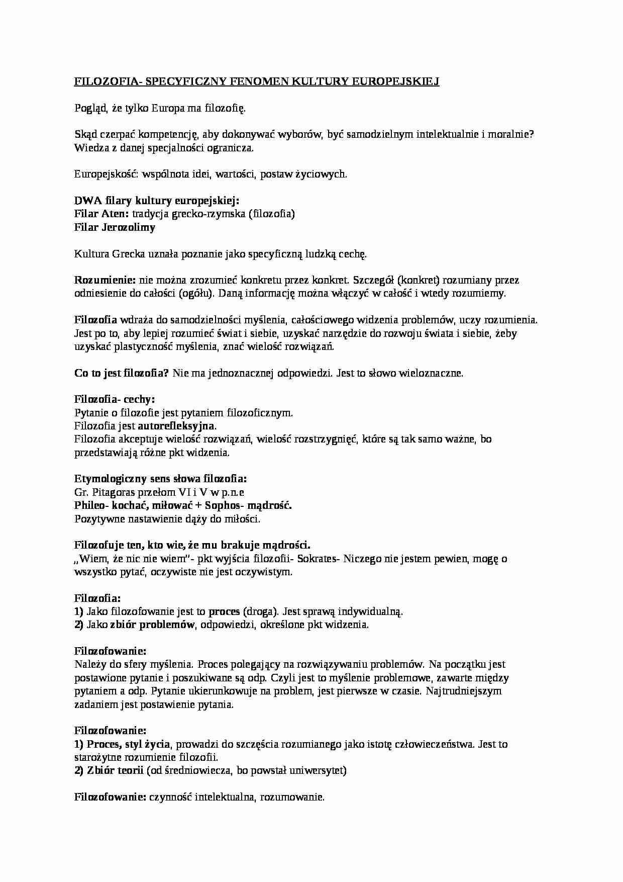 Filozofia-specyficzny fenomen kultury europejskiej - omówienie - strona 1