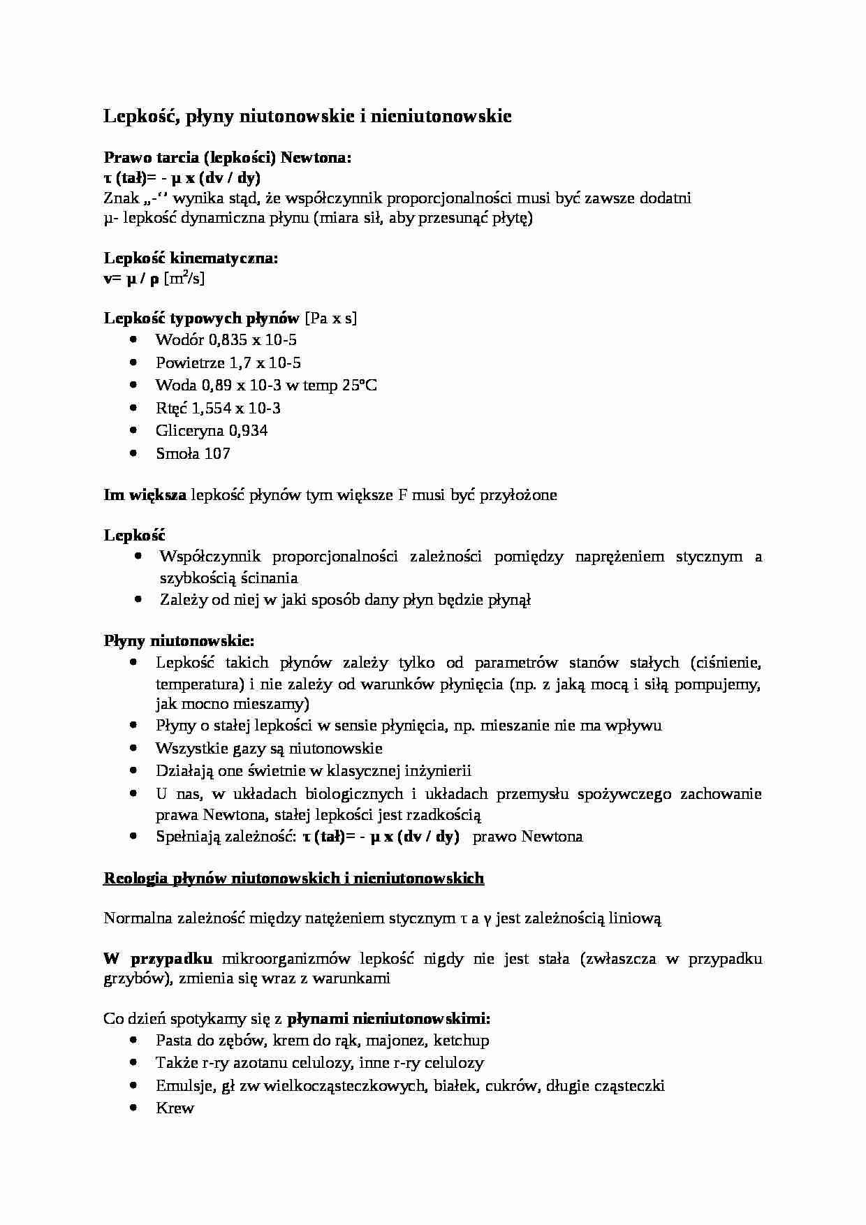 płyny niutonowskie i nieniutonowskie  - omówienie - strona 1