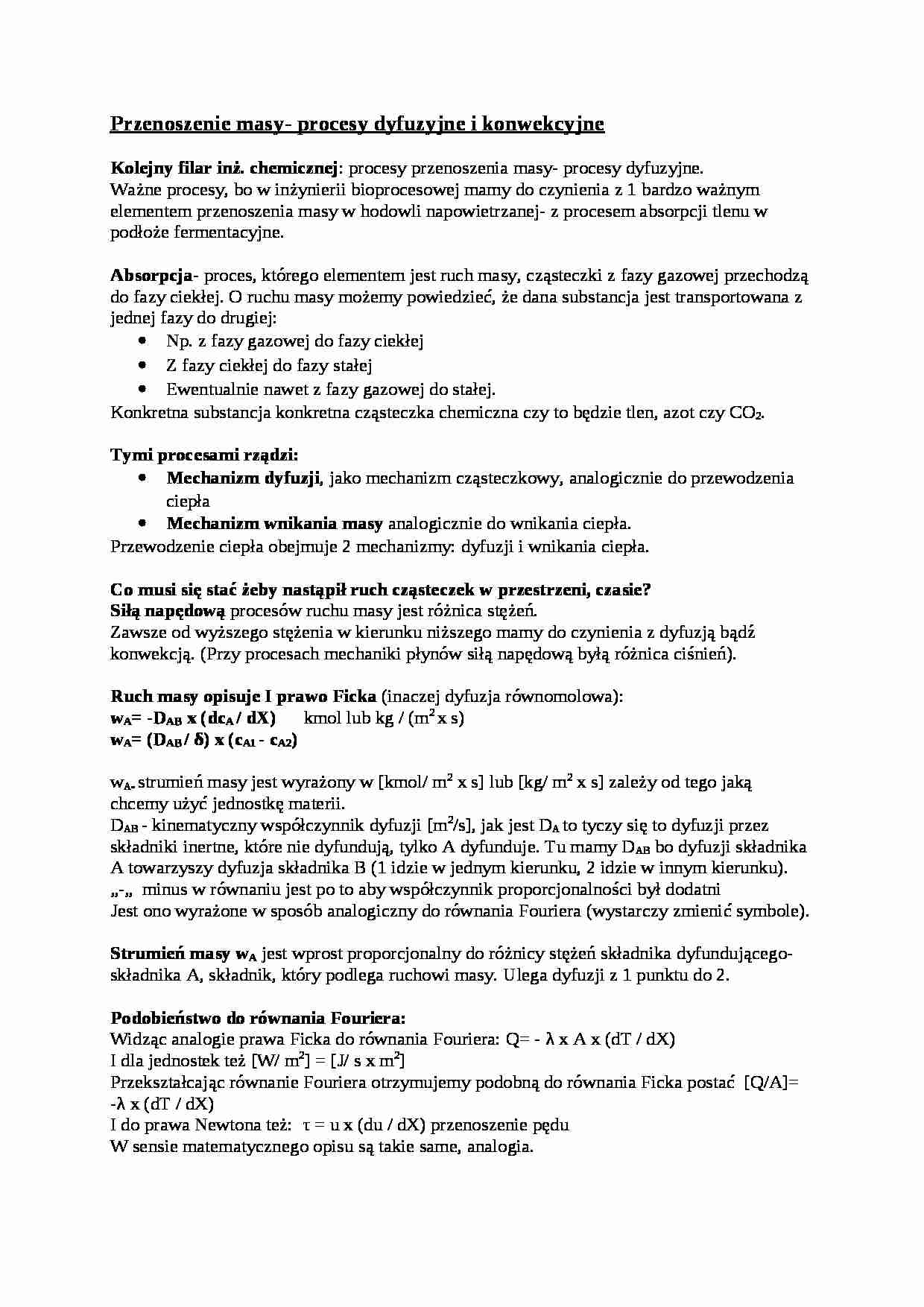 Przenoszenie masy- procesy dyfuzyjne i konwekcyjne - omówienie - strona 1