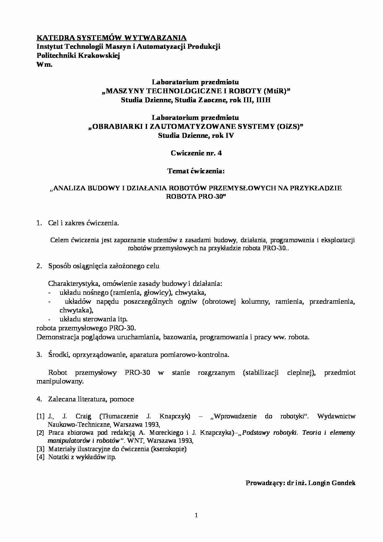 ANALIZA BUDOWY I DZIAŁANIA ROBOTÓW PRZEMYSŁOWYCH NA PRZYKŁADZIE ROBOTA PRO-30 druk laborki - strona 1