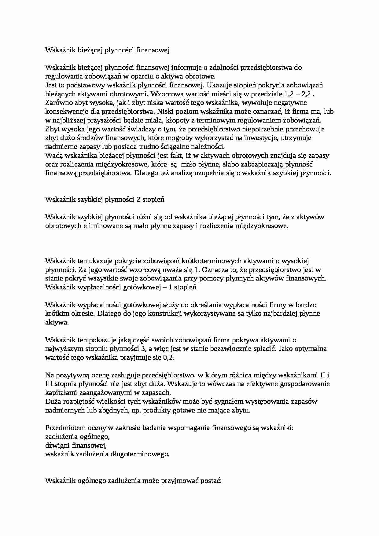 Wskaźnik bieżącej płynności finansowej - omówienie - strona 1