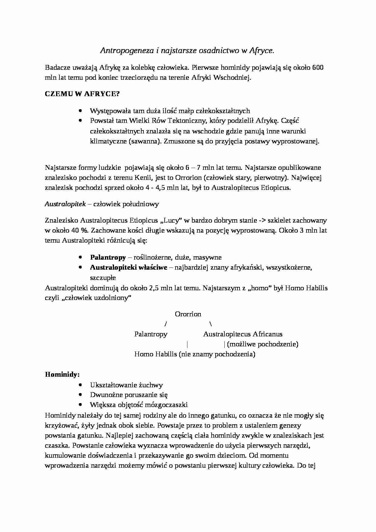Antropogeneza i najstarsze osadnictwo w Afryce - omówienie - strona 1