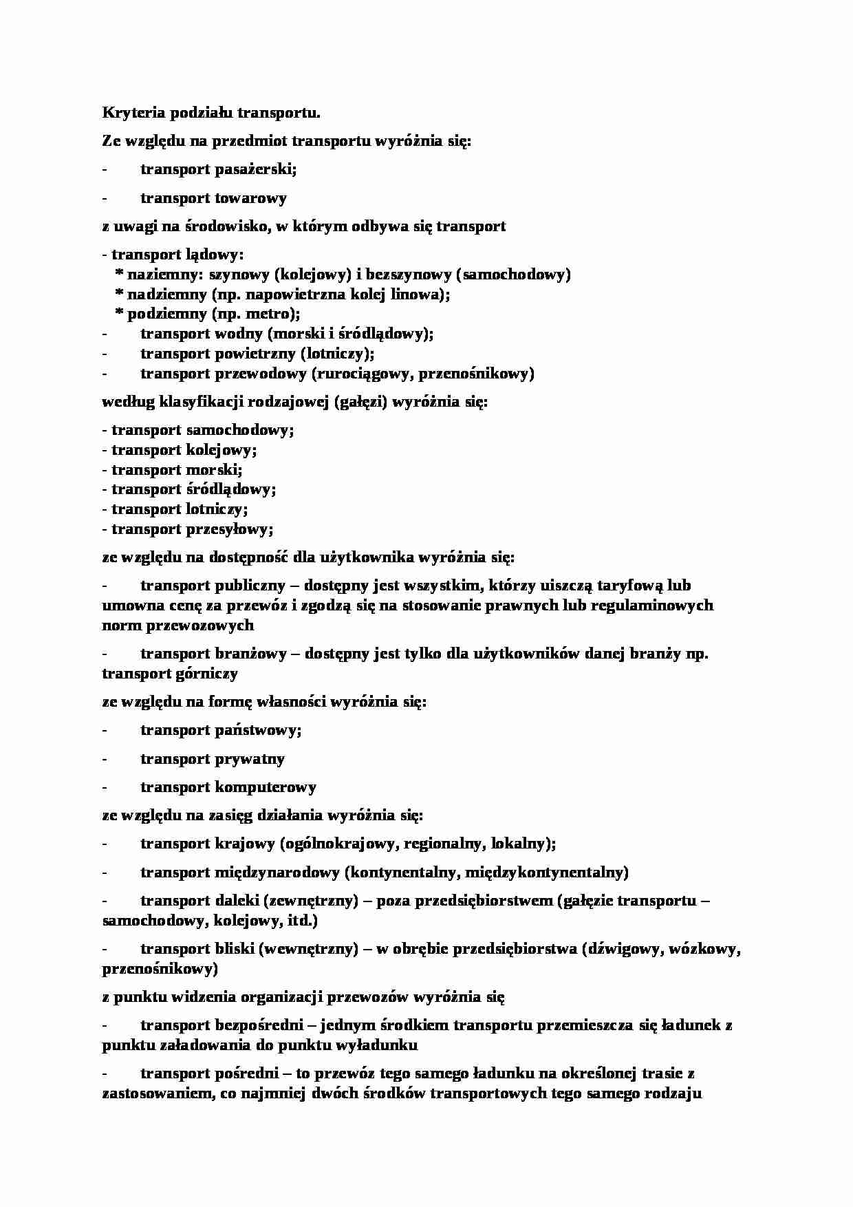 Kryteria podziału transportu - omówienie - strona 1