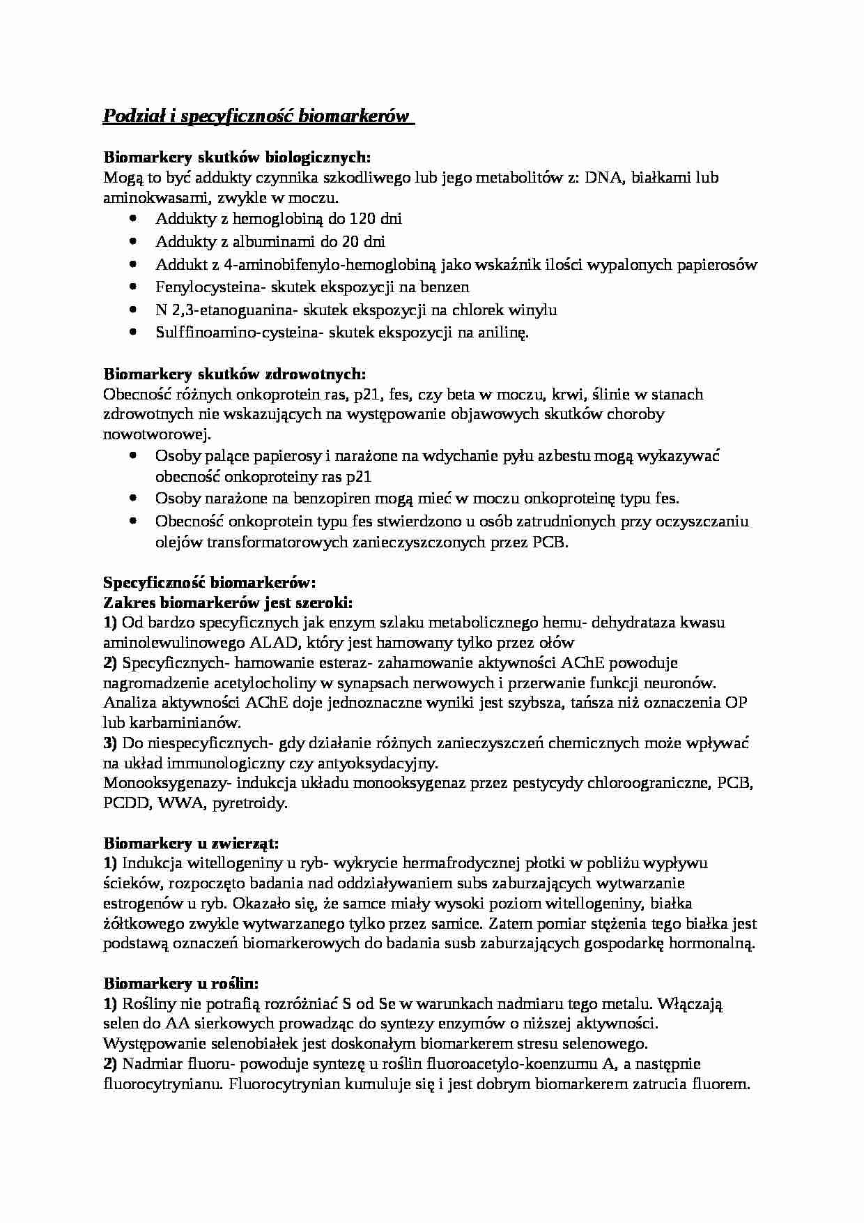  Podział i specyficzność biomarkerów - omówienie - strona 1