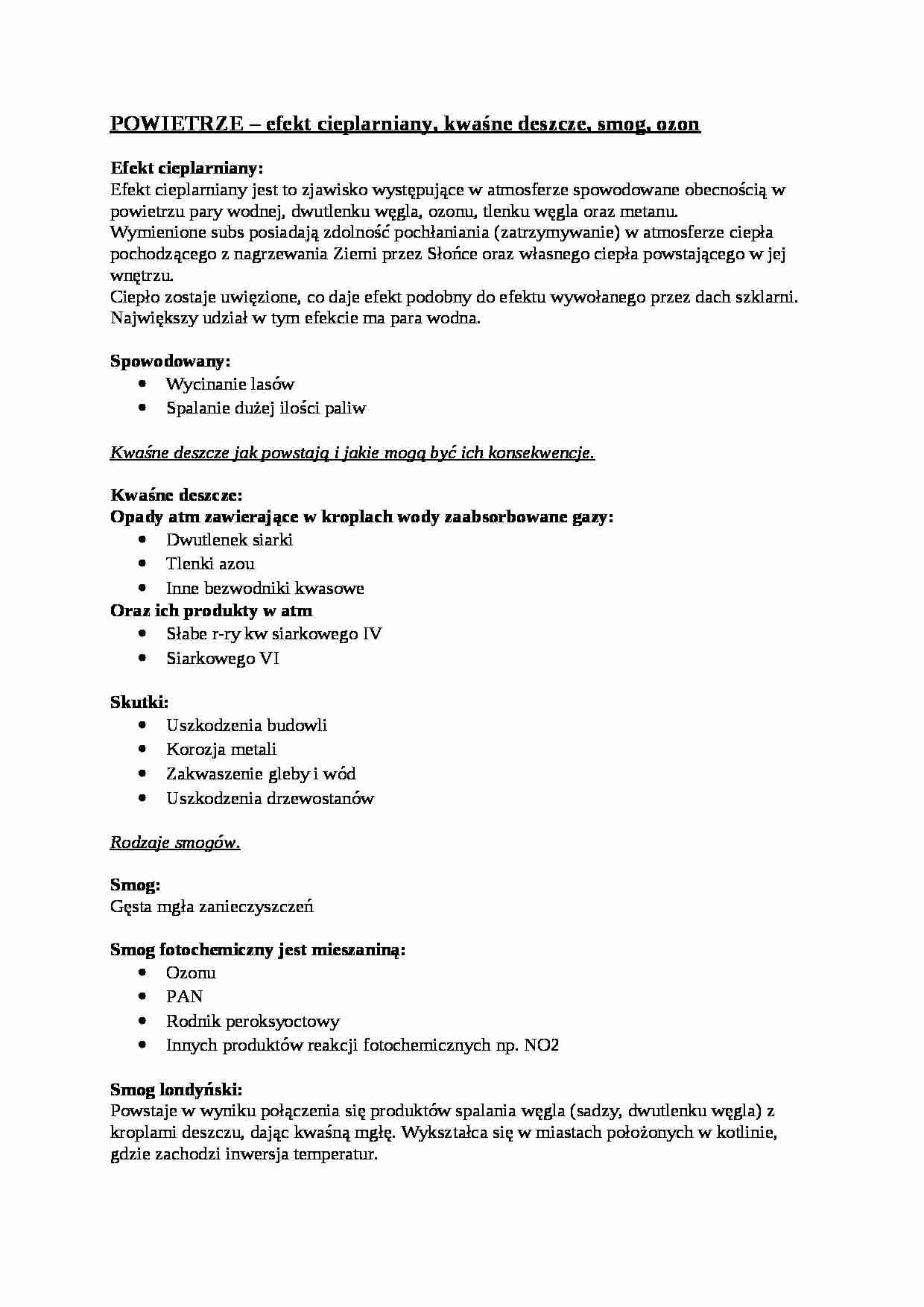 efekt cieplarniany, kwaśne deszcze, smog, ozon - omówienie - strona 1