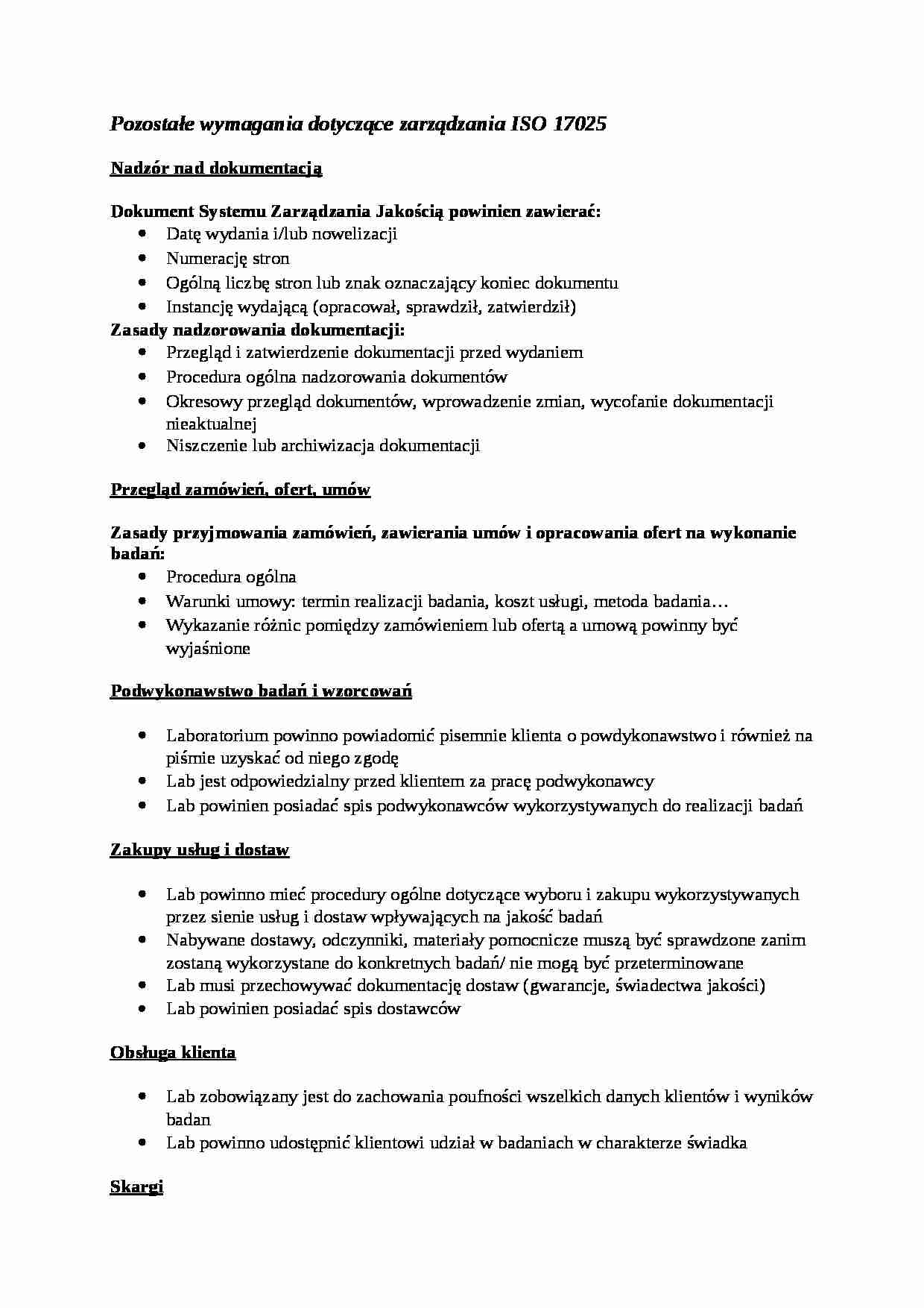 Pozostałe wymagania dotyczące zarządzania ISO 17025 - omówienie - strona 1