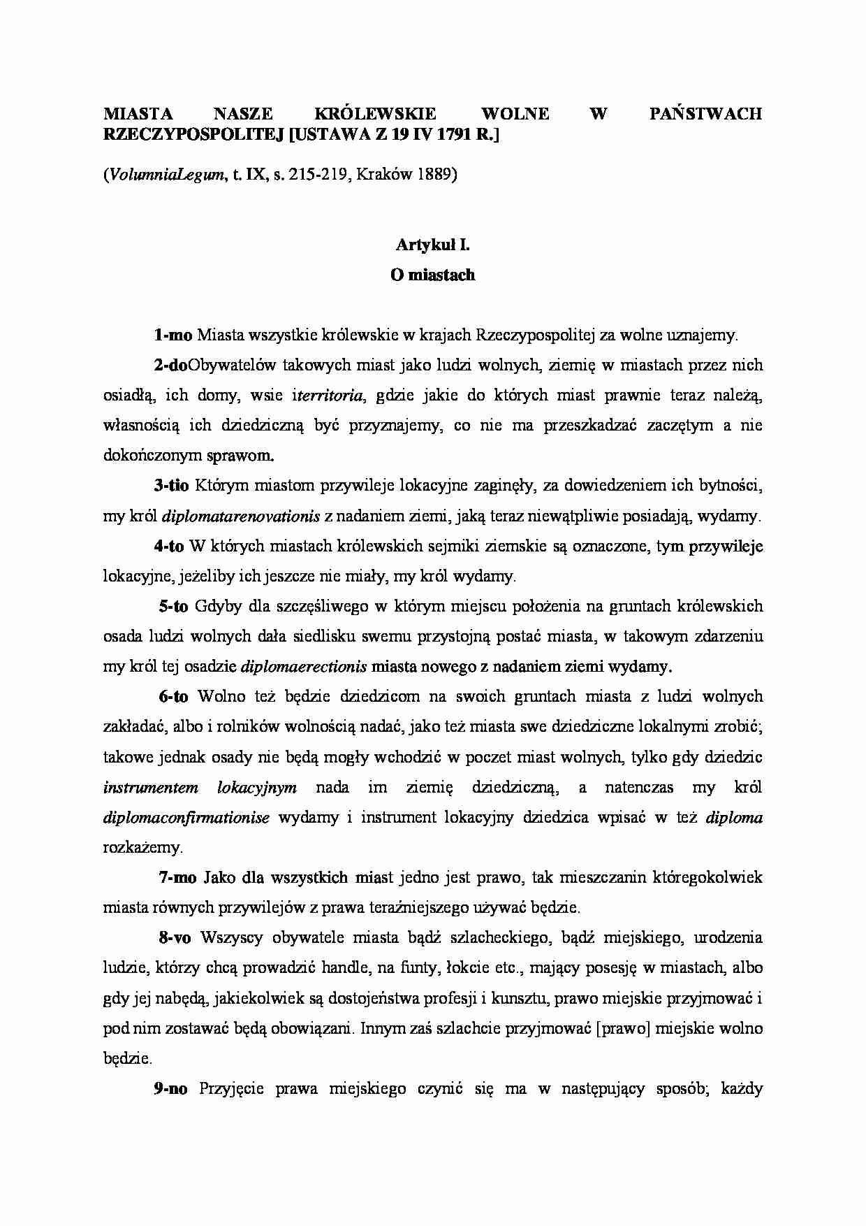 Artykuł o miastach 19.04.1791  - strona 1